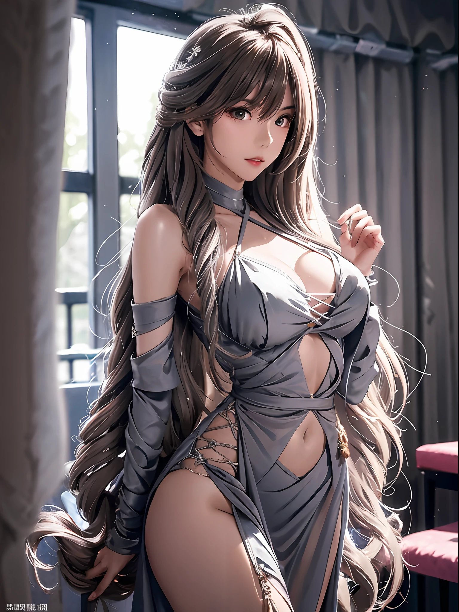 High resolution, super detailed, female, long hair, girlfriend, pretty, busty, sheer gauze dress, reality show, glamorous, lipstick, brown-gray hair, studio lighting, matte, cinematic shades