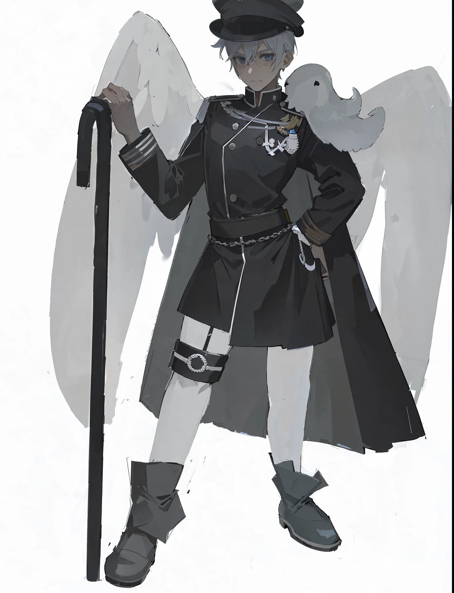 A man in a black cane costume, wearing a white navy uniform and cape, male, shota, full body concept, colorful, full body, seagull wings, martin boots