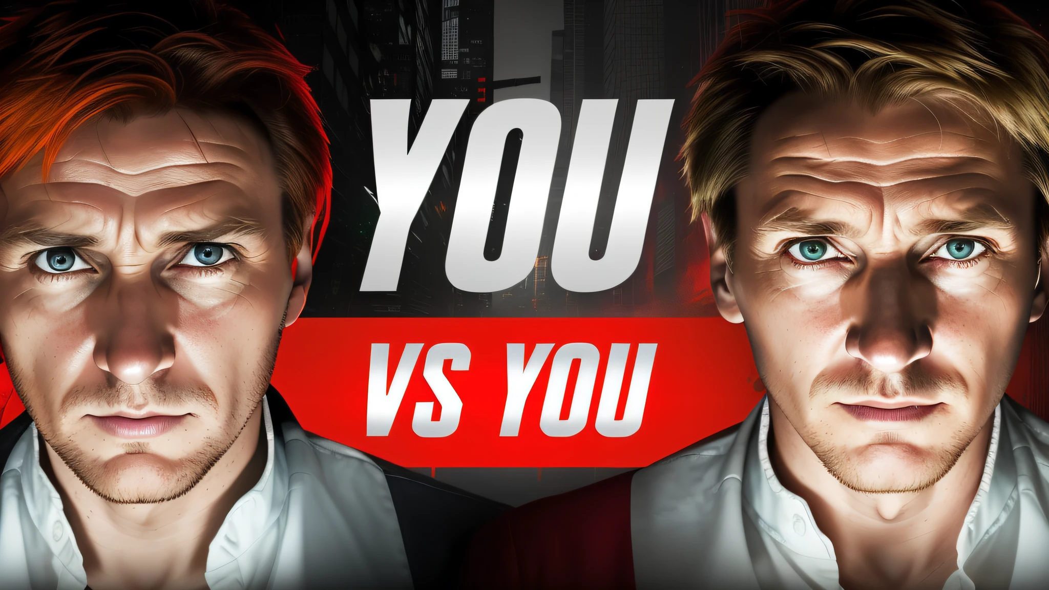 There are two pictures of a man with a red background, you, side vs bad side, you G face, YouTube Thumbnail, Liam Neeson versus Godzilla, YouTuber, Linus from LinusTechTips, Yo ), Irish YouTuber, promotional image, you won't believe it, 3rd person game, fan art, banner, human face with bright red yes