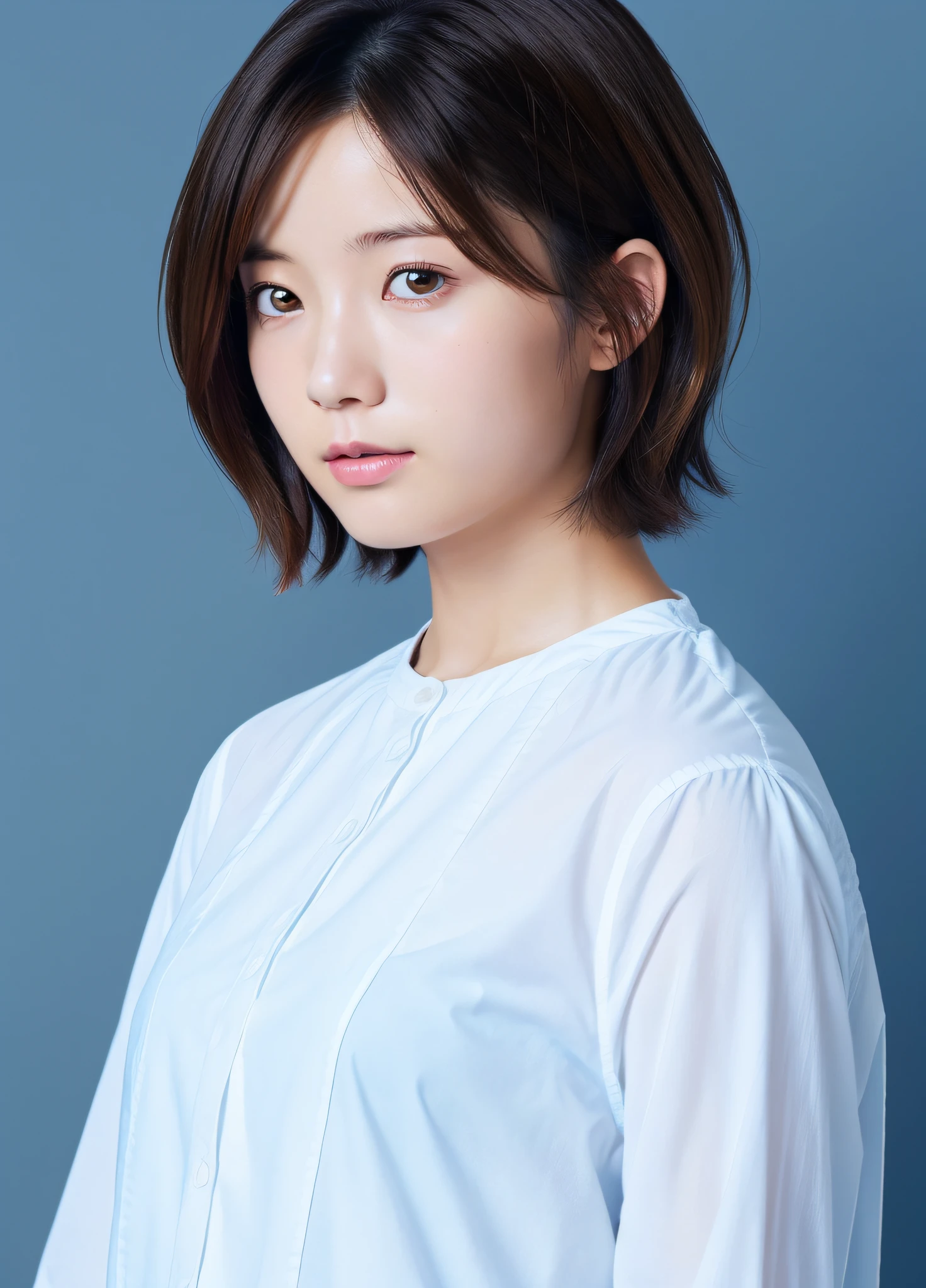 Masterpiece,Best Quality,High, One Girl, Asian, Beautiful Face, face_focus, (Simple Background:1.2), Upper Body, Short Hair