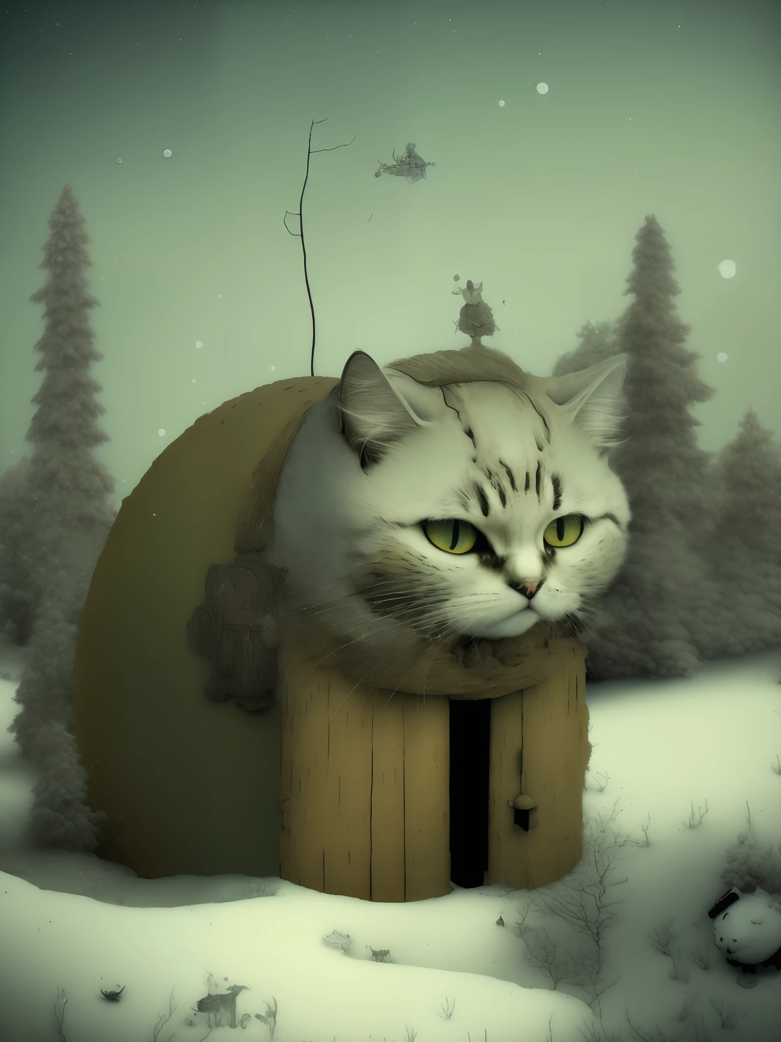 (SD(Stable Diffusion))), (landscape depiction),(Winter cat),(Painter),((画质词(Gorgeous)),(絵风描述(Ethereal)))(Screenpainting),(Surreal))),(Painter ( Draw a picture inspired by the work of Gabriel Pacheco)).