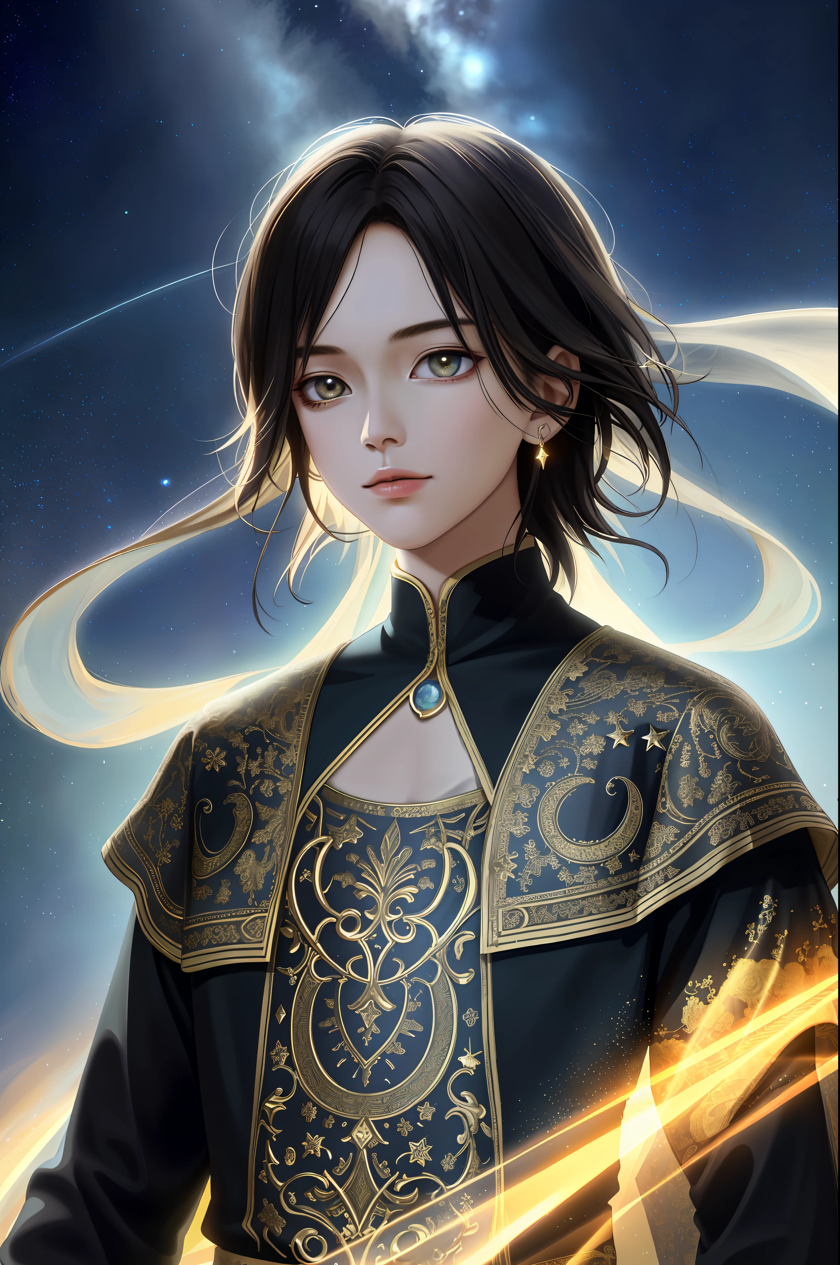 Capricorn, the best qualities, a boy, firm and powerful qualifications contrasting with the starry sky background behind, mysterious patterns and horoscope decorations on clothes, magical effects around you, edge lighting, side lighting, cinematic light, ultra-high resolution, 8k uhd, film grain, best shadows, delicate, RAW, super realistic realistic 3d, detailed skin textures, detailed cloth textures, beautiful and detailed faces, intricate details, super detailed BREAK dreamy and majestic god realm background, Light and shadow interaction, masterpiece, best quality,