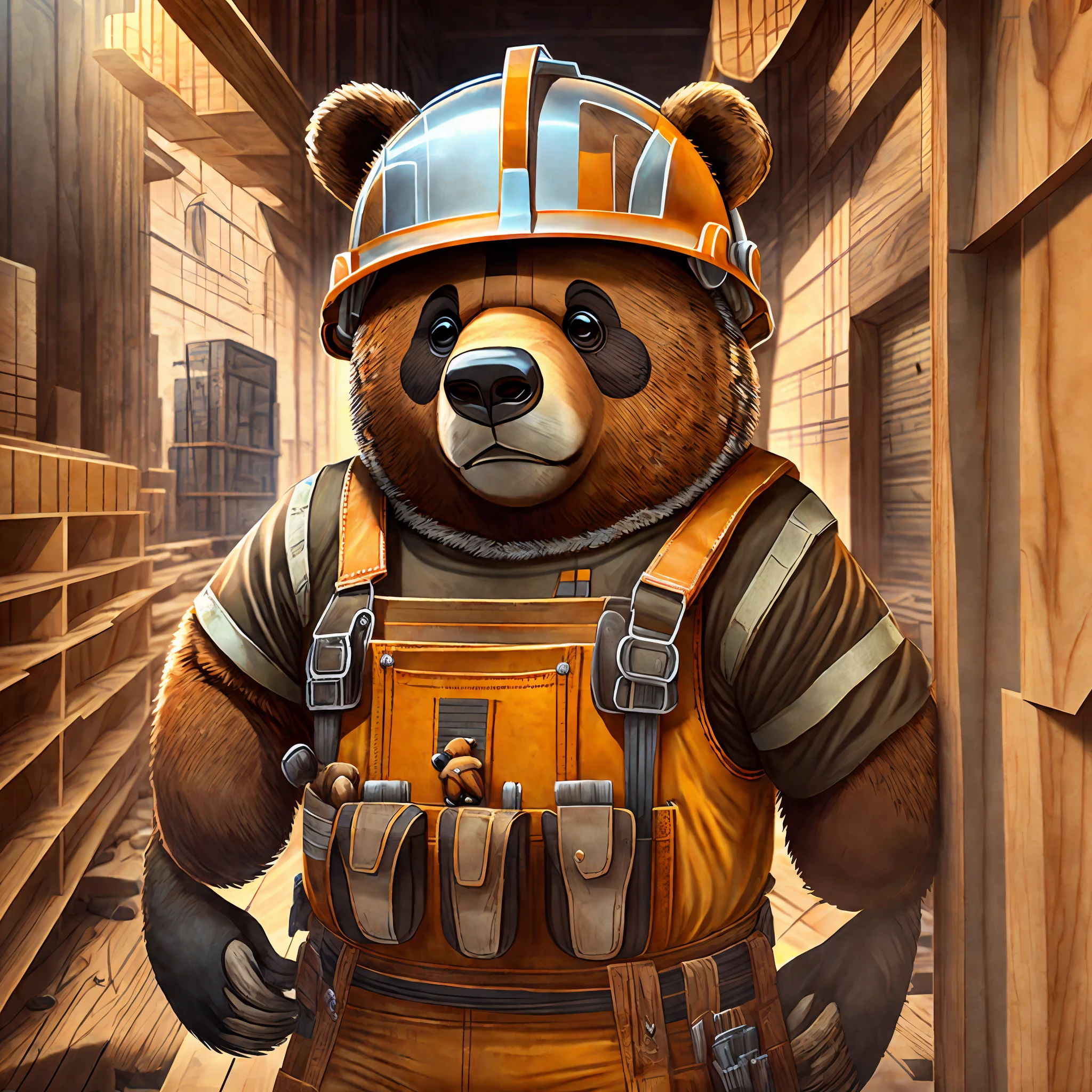 Friendly bear (animal) dressed as a construction worker looking forward, Equipped with a helmet and tool belt, Engaged in construction activities, Conveying a sense of camaraderie, Adorable and approachable bear character, Authentic and recognizable construction attire, Safe and responsible display of protective equipment, Busy and productive work on the construction site,  Cooperative interactions with other workers, Welcoming and inviting environment, Front photo to engage viewers --auto --s2