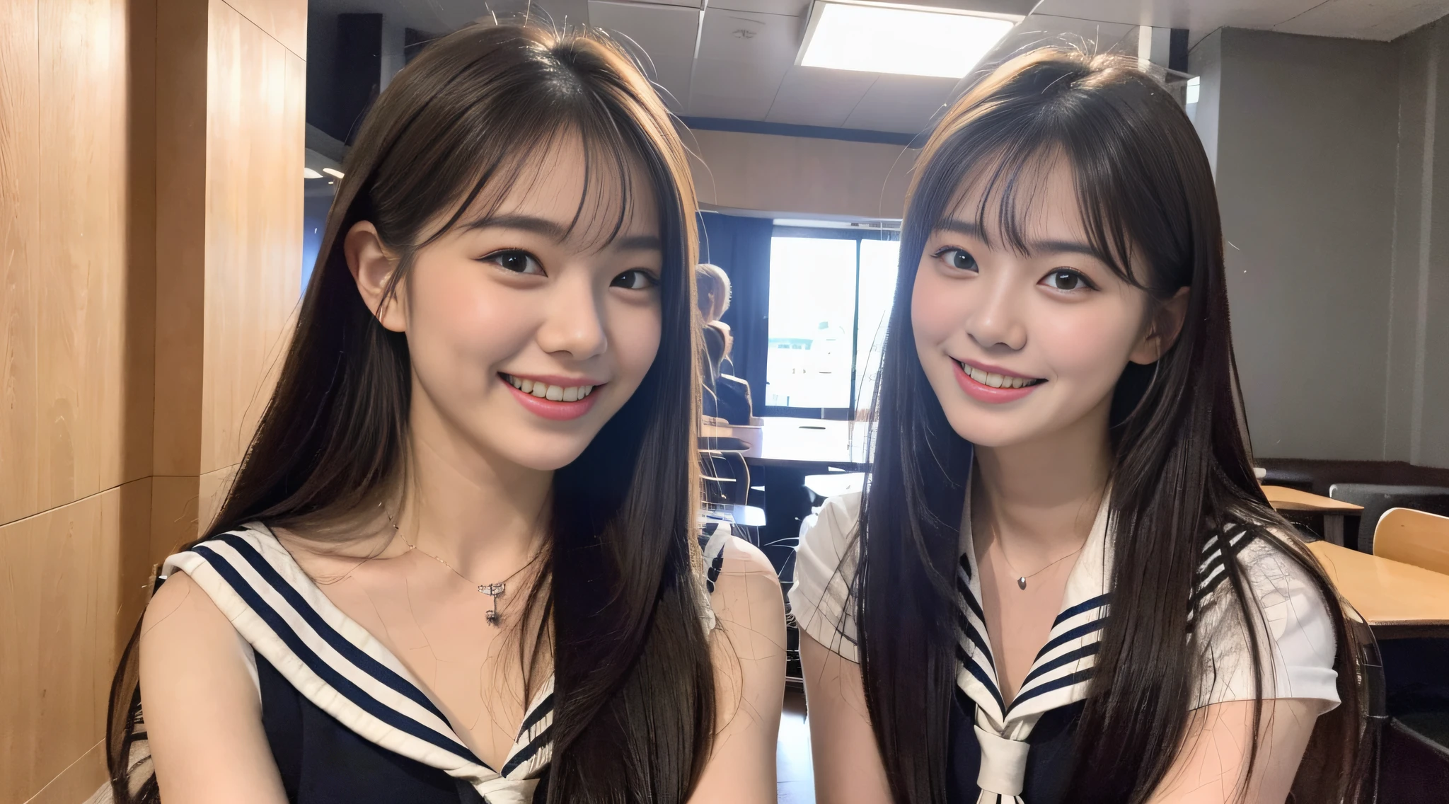 (8k, RAW photo, highest quality, masterpiece: 1.2), super detail, super resolution, (realistic, real photo: 1.37), (photorealistic: 1.6), portrait, high resolution RAW color photo, professional photo, very detailed and beautiful, touching hair (showing teeth and smiling), sitting on the floor in a school classroom talking (showing armpits), cute pose, Super high image quality, 8k wallpaper, amazing cute smile, transcendent cute face, amazing details, red scarf, very detailed beautiful girls, face with different pattern, talking in school classroom, hair shining in light, one is ponytail, modern cute schoolgirl, very detailed face very detailed eyes, very realistic skin, very detailed fingers, very detailed nose, very detailed mouth, perfect anatomy, Very detailed sailor suit, very detailed background, after school, smiling school girls are gathered in the hallway of the school. They are in uniform, bathed in moonlit nights, revealing the details of their hair and uniforms. They enjoy chatting in natural poses and seem to have memorable conversations. Smiling faces, fun spreads in the hallway, long straight hair, (dull bangs: 1.2), , schoolgirl youth Celebrity-level cuteness , (pink eye shadow)