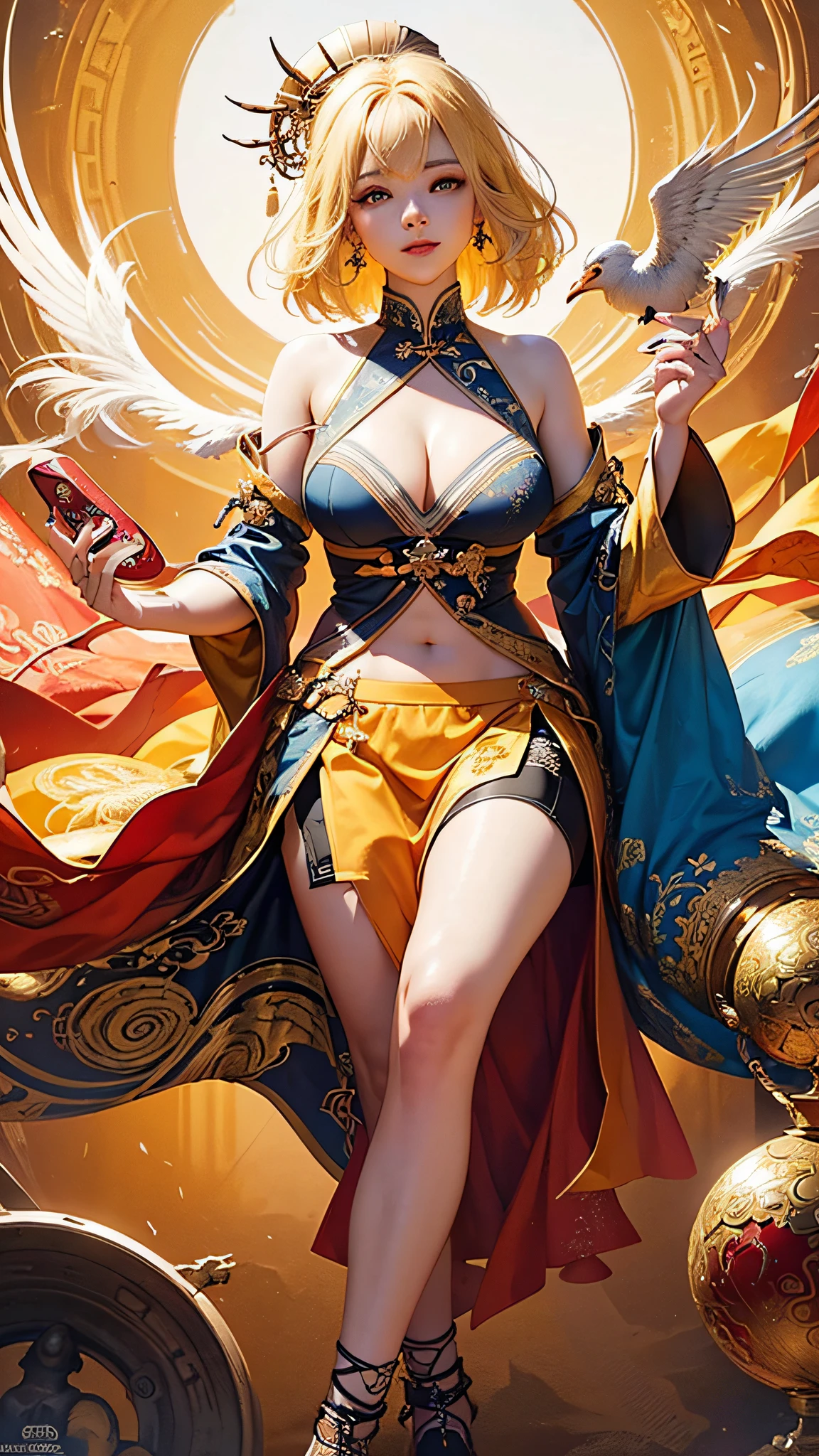 Official Art, Unified 8K Wallpapers, Ultra Detailed, Beautiful and Aesthetic, Masterpiece, Best Quality, (Zentangle, Tangle, Entangle), (fractal art: 1.4), 1girl, yellow hair, Chinese, off-the-shoulders, short skirt, calves, navel,, sexy, very detailed, dynamic angle, oversized tits, cowboyshot, (most beautiful form chaos), ethereal, (bright colors), oc, (half: 1.2), china, (thangka Feitian: 1.5), (ribbon: 1.3), (dream: 1.5), (hanfu: 1.5), Chinese dragon, Chinese phoenix, (smile: 0.5), (Chinese gods),