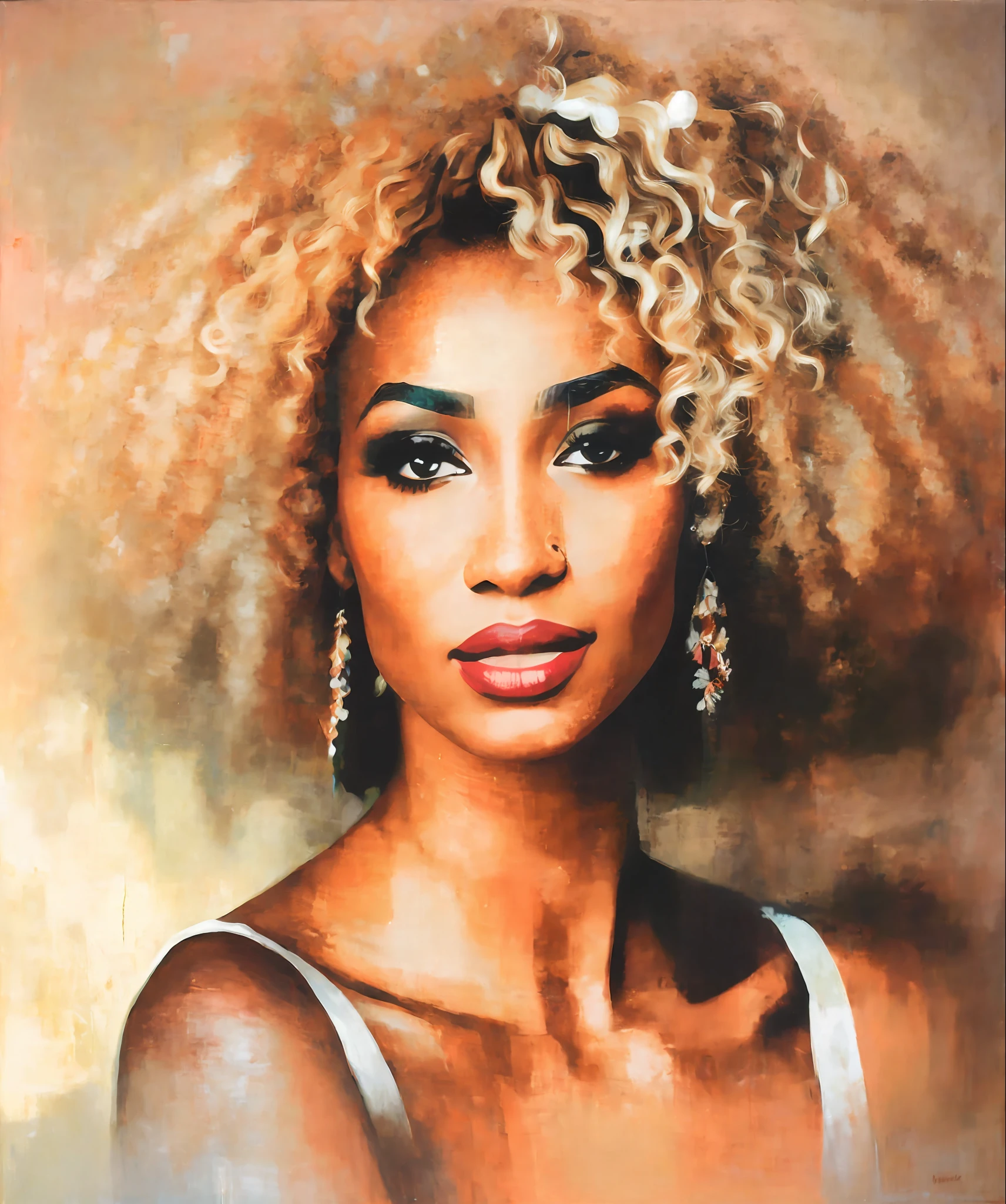 beautiful Senegalese woman, portrait close half body, long blond hairs long v - neck, dressed in in Christian Lacroix style, collage in the style of dave mckean art vivid colors painted in stone showing the texture of thick oil paint strokes on the rustic canvas sharp focus vivd colors