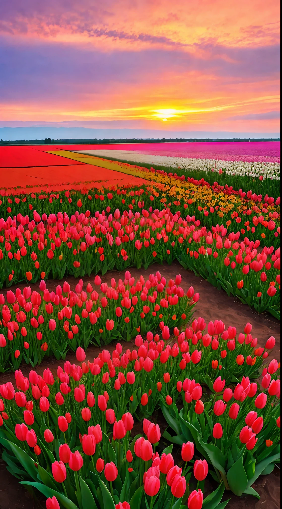 Spring,tulip field,sunset,beautiful sky,
distant viewwide angle
