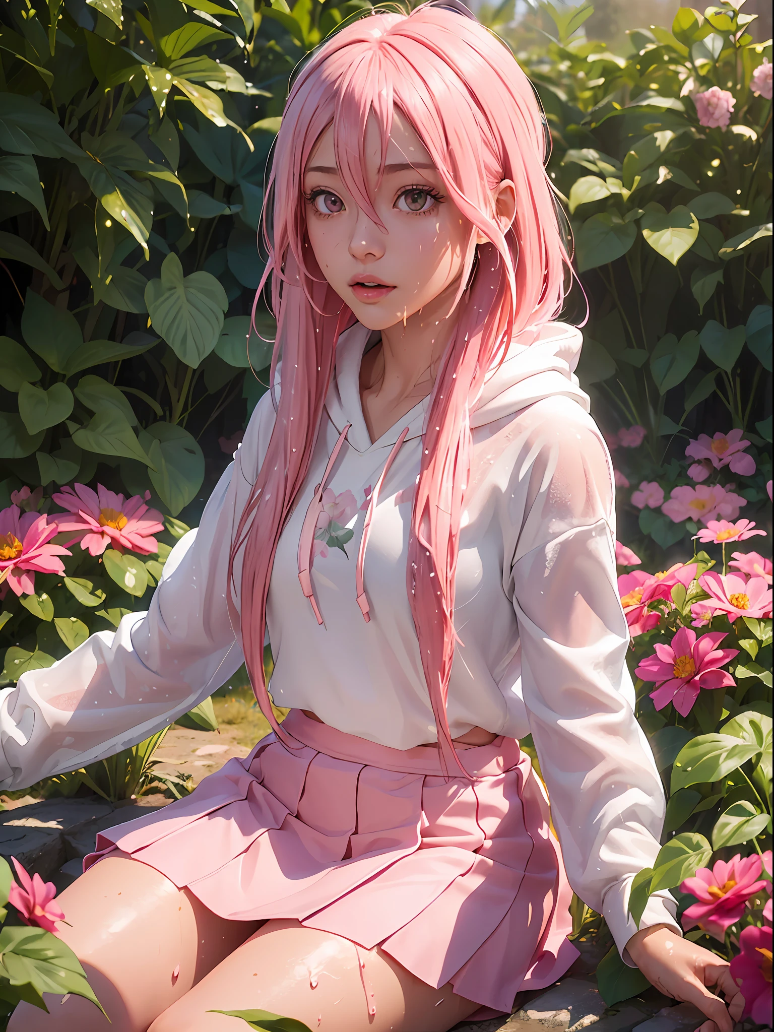 Nankotobuki \ (Shinobi no ko \), hoodie, realistic, 3D, wet, open clothes, flower garden, one girl with long pink hair sitting in a field of plants and flowers, white blouse, pink miniskirt,