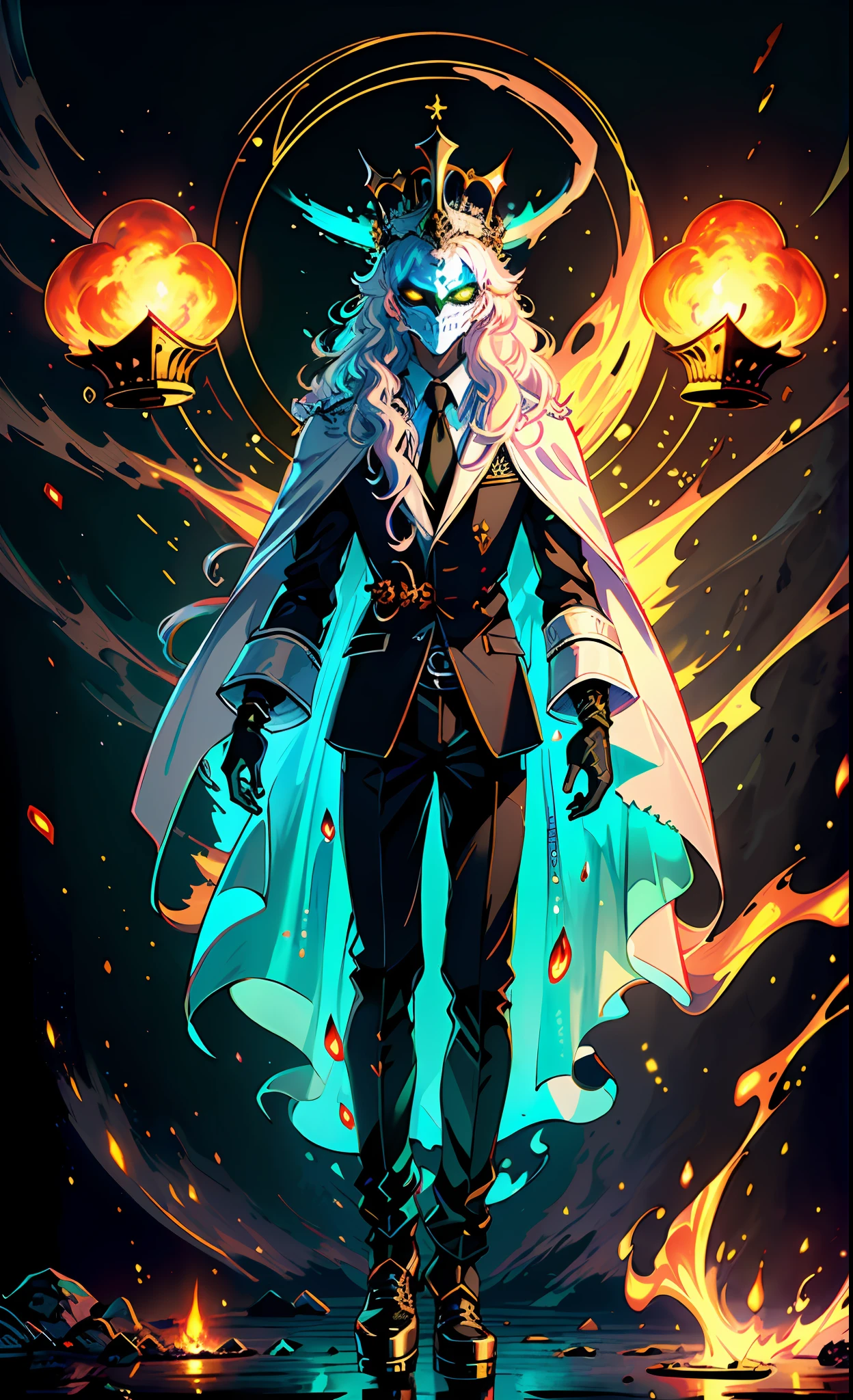 (extremely detailed CG unity 8k wallpaper, masterpiece, best quality, ultra-detailed), (Heaven: 0.6 + Hell + Ghost: 1.2 + Hades: 1.5+ Underworld: 1.4), King of Yan, Throne, Crown, Green Clothes, Mask, Dill Red Light, Flames, Underworld Background, HD Sharp, Extremely Realistic.