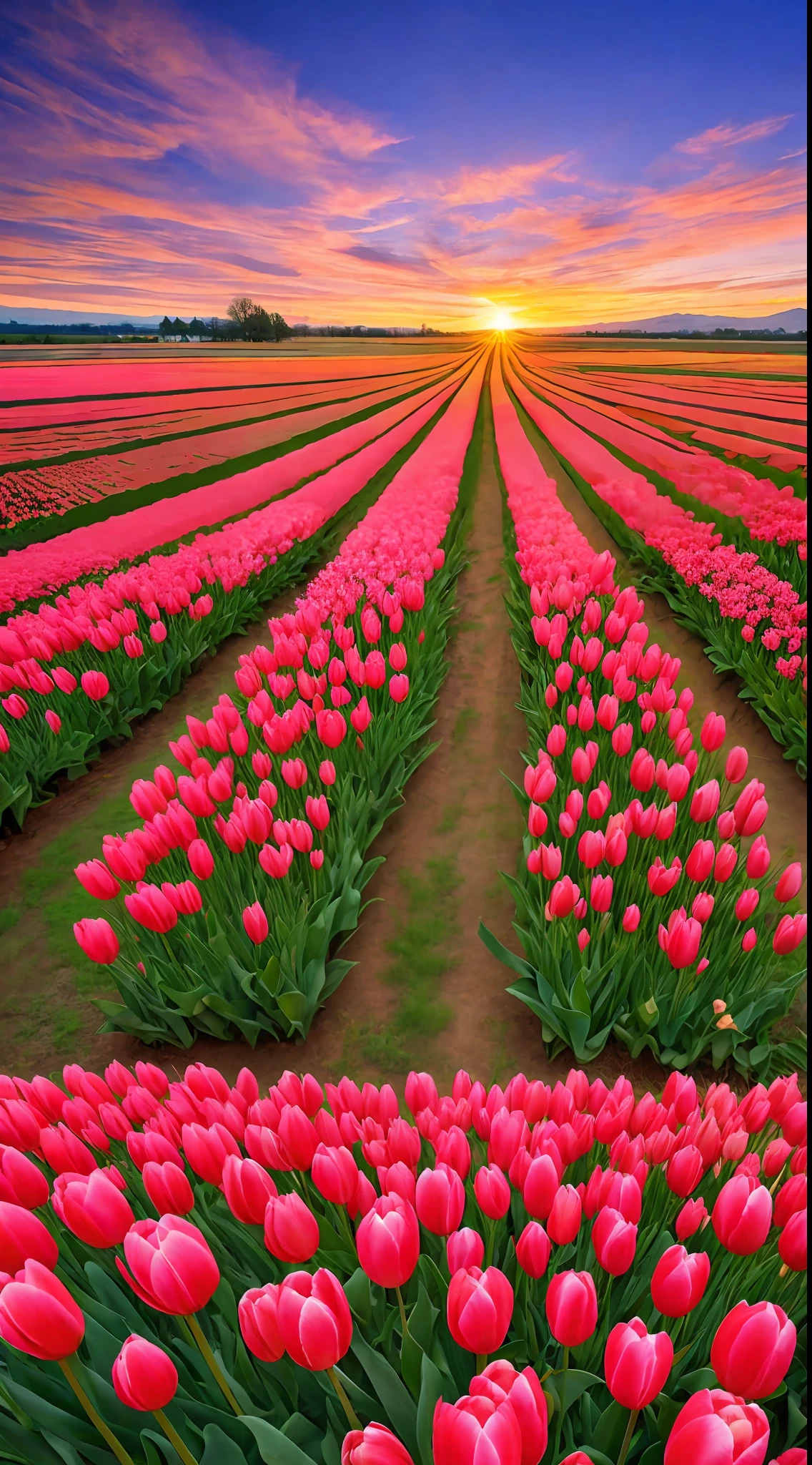 Spring,tulip field,sunset,beautiful sky,
distant viewwide angle