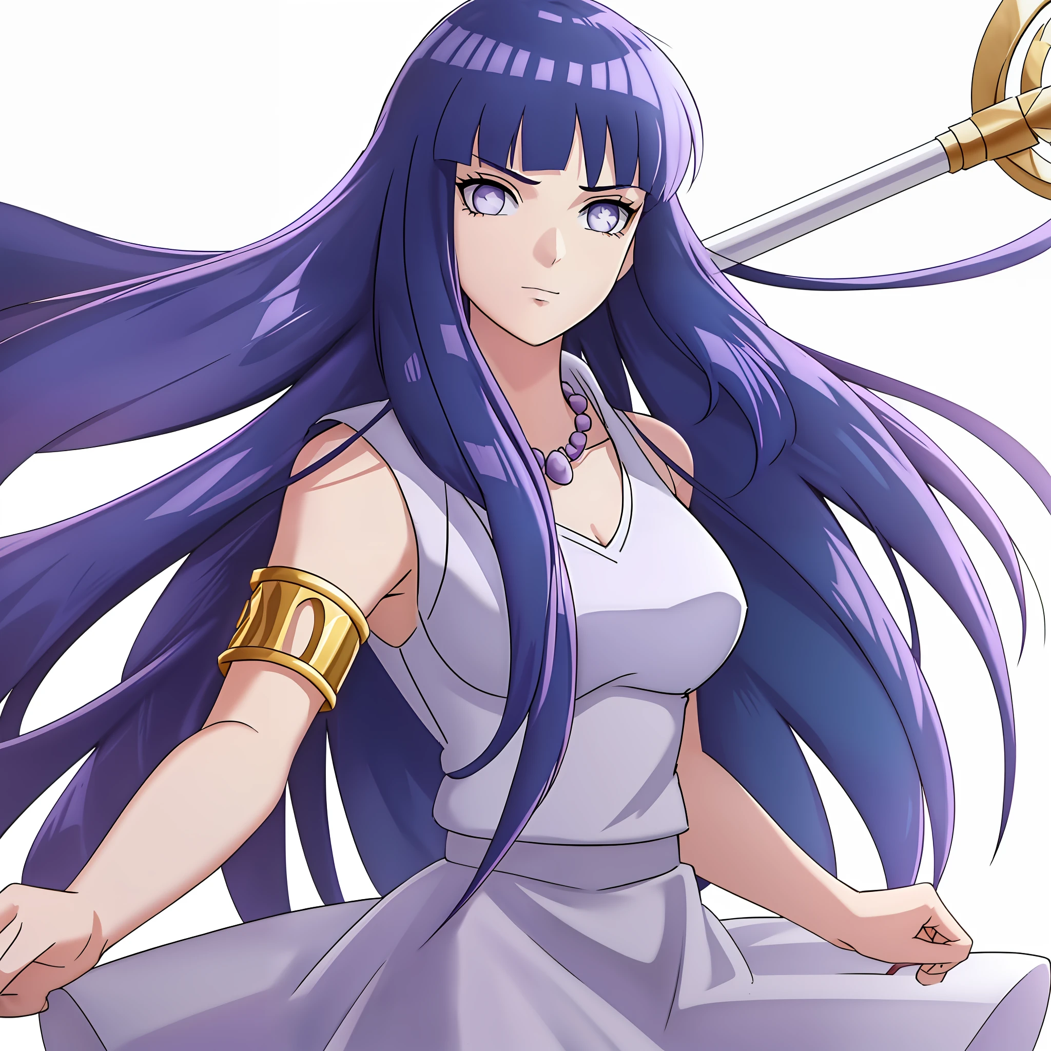 1 girl, solo, Kido_Saori, big_breasts, (((dark blue hair))), purple_eyes, staff, ((white_dress)), armlet, jewelry, blunt bangs, hinata/(boruto/), necklace, (sleeveless dress, white dress) upper body, serious, staff, jewelry athena (saint seiya) saori kido_saori , white_dress, (simple background, white background)