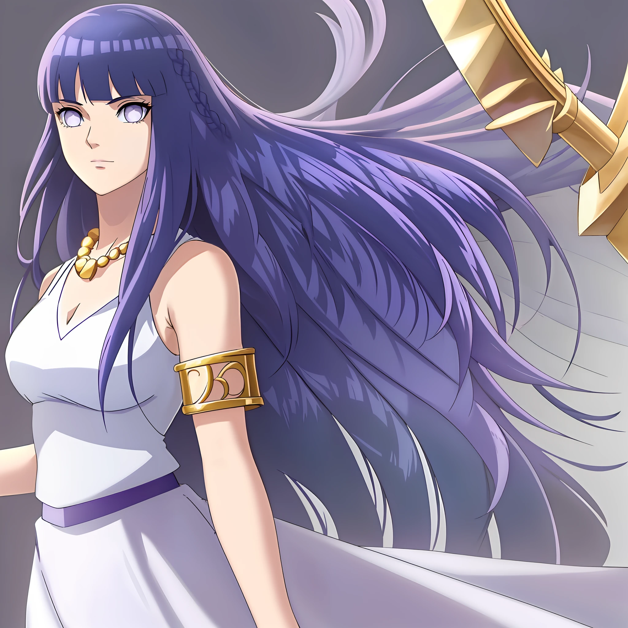 1 girl, solo, Kido_Saori, big_breasts, (((dark blue hair))), purple_eyes, staff, ((white_dress)), armlet, jewelry, blunt bangs, hinata/(boruto/),  necklace, (sleeveless dress, white dress) upper body, serious, staff, jewelry athena (saint seiya) saori kido_saori , white_dress, (simple background, white background)