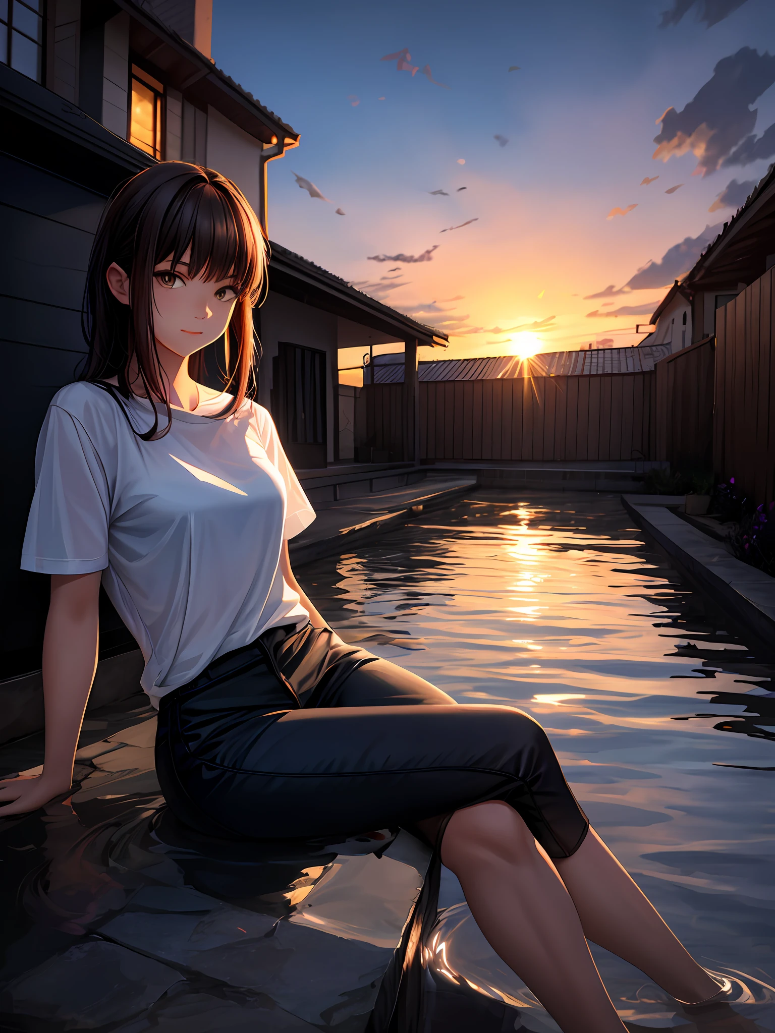 Beautiful girl in translucent T-shirt, sitting in a puddle of water, sunset, masterpiece, beautiful lighting, Makima, 4k, best quality