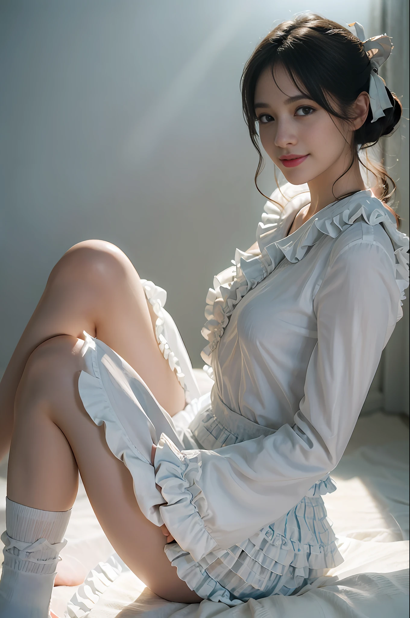 (extremely detailed CG unity 8k wallpaper), (masterpiece), (best quality), (ultra-detailed), (best illustration), (best shadow), (photorealistic:1.4), (PureErosFace_V1:0.5),real human skin, lens flare, shade, backlighting, bloom, depth of field, natural lighting, hard focus, film grain,looking at the viewer,
1 girl, 21 yo, solo, skinny, pale skin, soft lips, (light eyebrow:1.4),shiny brown eyes, long black hair:1.1, (small breasts), beautiful detailed sky, detailed library(crowd:1.2), night, sitting, (nose blush), (smile:1.3), (closed mouth), beautiful detailed eyes, school uniform, floating hair, dress(1girl surrounded by soft_light:1.5), (backlighting:1.8), (lighting),(flowing fabric:1.3), ((white_blouse_with _frills:1.5),(hair_ribbon:1.3)),
(masterpiece), realistic, HDR, highly detailed, 8k, raw photo,
ambient occlusion, natural, harmonious composition, warm tones, fine art photography, Photorealistic, pale light, 22 year old beautiful woman, white ruffled blouse, blue ruffled skirt, brown hair with ribbon, ruffled ankle socks, sitting with straight legs on the bed, soles of socks, library background
