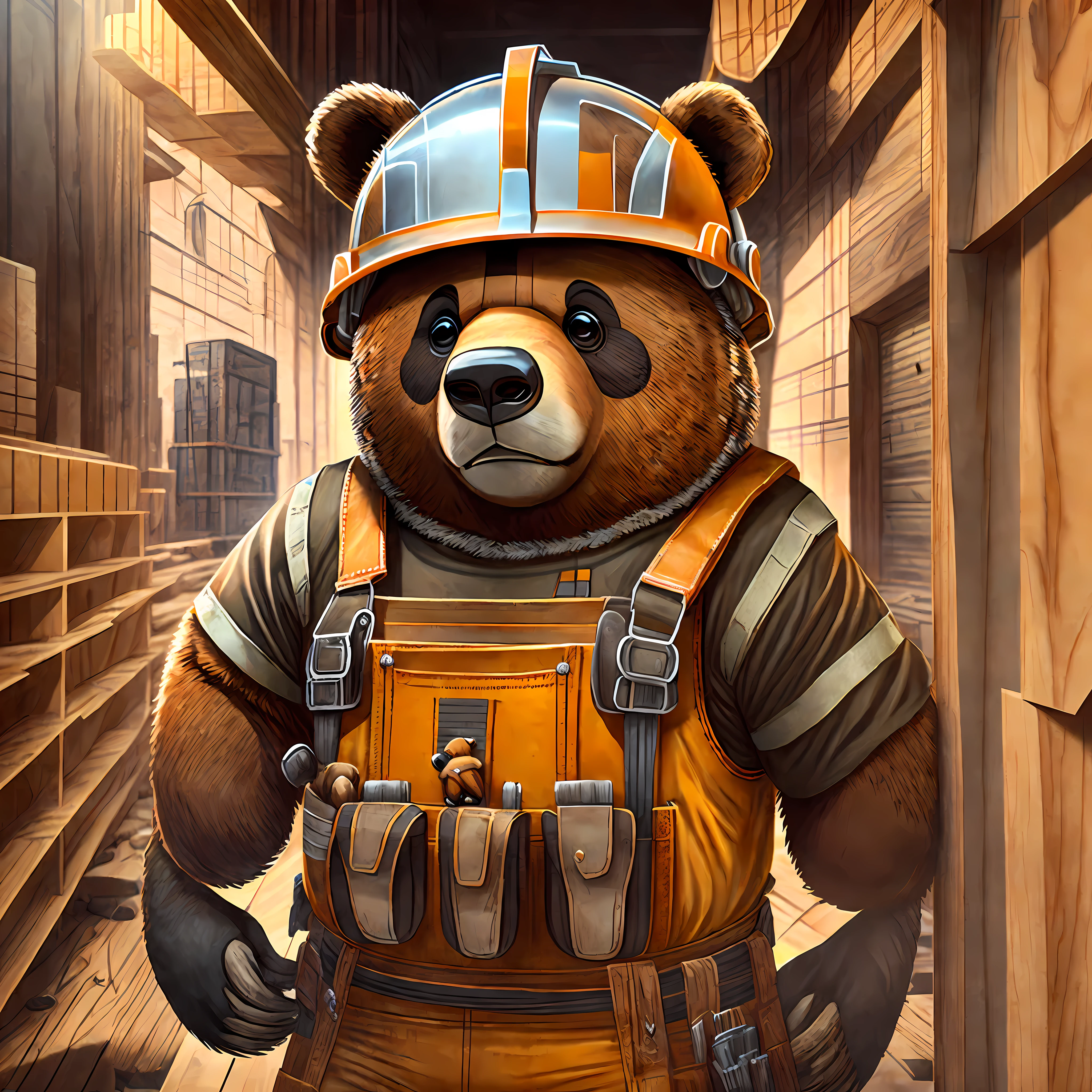 Friendly bear (animal) dressed as a construction worker looking forward, Equipped with a helmet and tool belt, Engaged in construction activities, Conveying a sense of camaraderie, Adorable and approachable bear character, Authentic and recognizable construction attire, Safe and responsible display of protective equipment, Busy and productive work on the construction site,  Cooperative interactions with other workers, Welcoming and inviting environment, Front photo to engage viewers --auto --s2