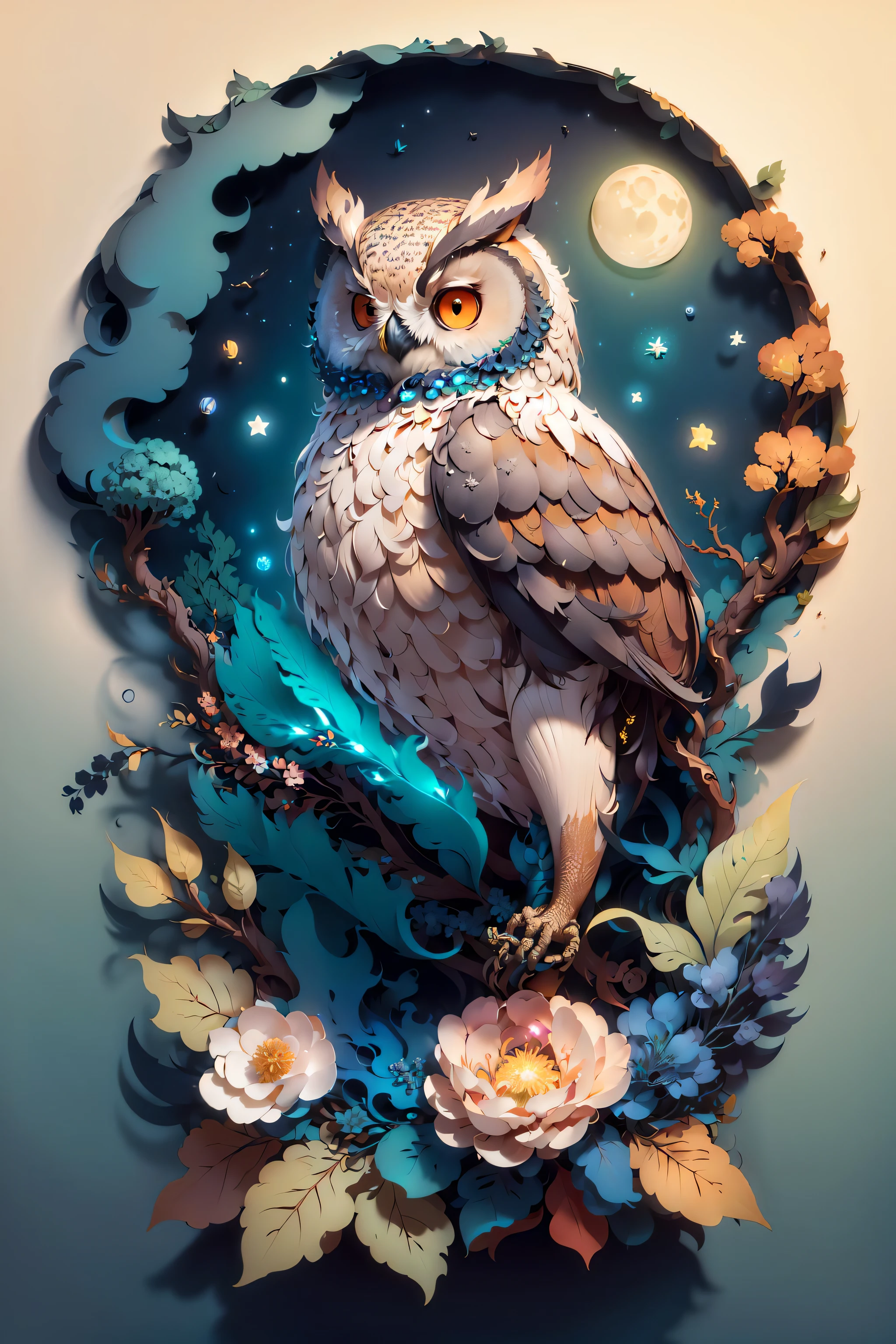 (((masterpiece))),bestquality,illustration,beautifuldetailedglow,
paper_cut, owl, tree,moon,
