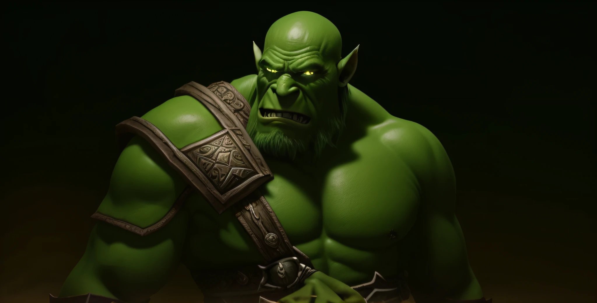 a close up of a green monster with a big grin on his face, orc themed, orc, an orc, orc looking into the camera, orc warrior, menacing orc, green orc female, ogre, portrait of an orc, portrait of an orc warrior, from warcraft, high detail iconic character, arabic orc, female orc, half - orc, orcs --auto --s2