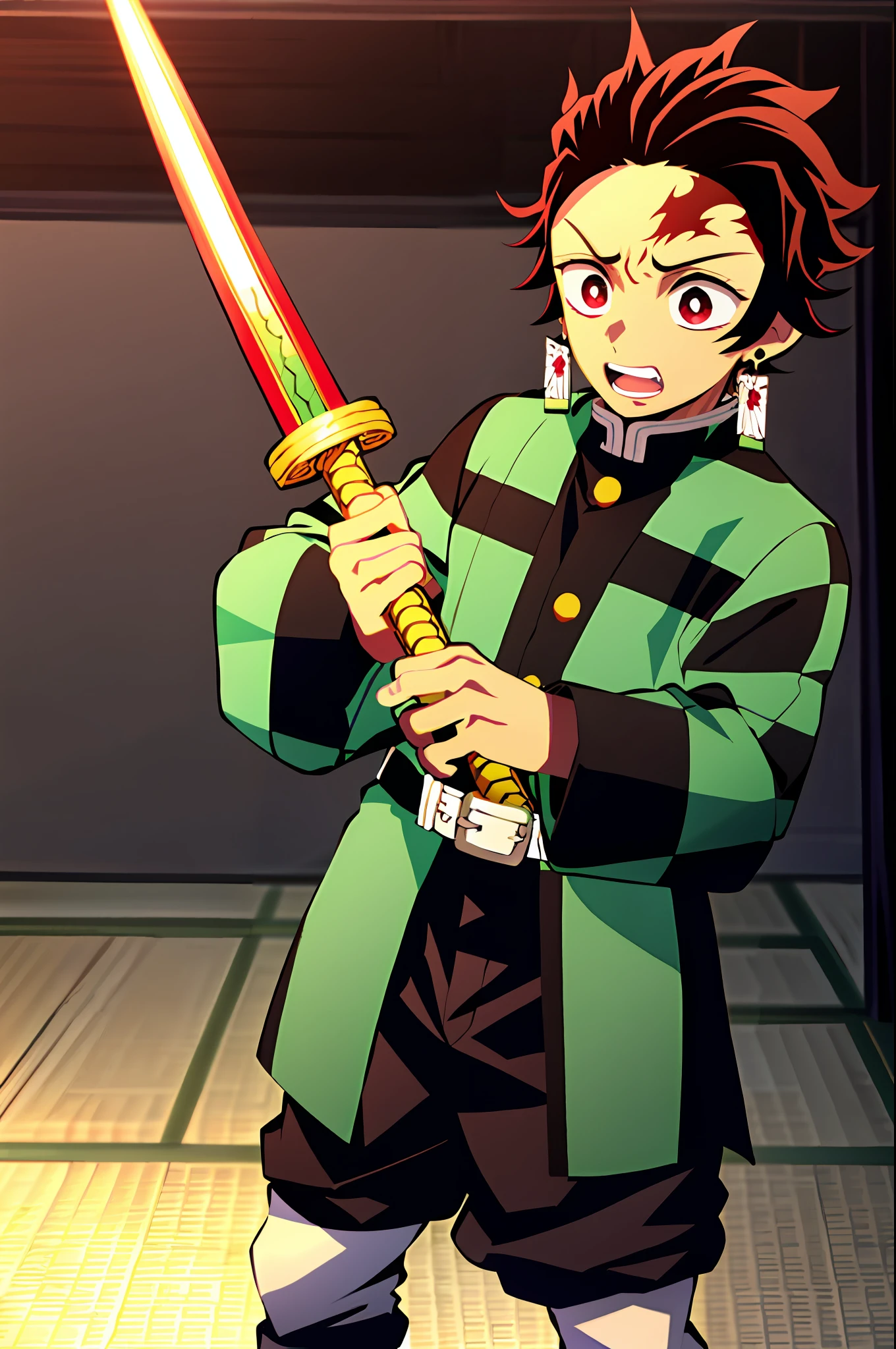 kimetsu no yaiba style, kamado tanjiro, demon slayer uniform, 1boy, male focus, weapon, scar on forehead, earrings, teeth, jewelry, pants, brown hair, belt, japanese clothes, haori, green haori with black and gold checkered pattern, solo, red eyes with white pupils, long sleeves, anime coloring, holding a black sword with a silver guard and a green hilt wrap
