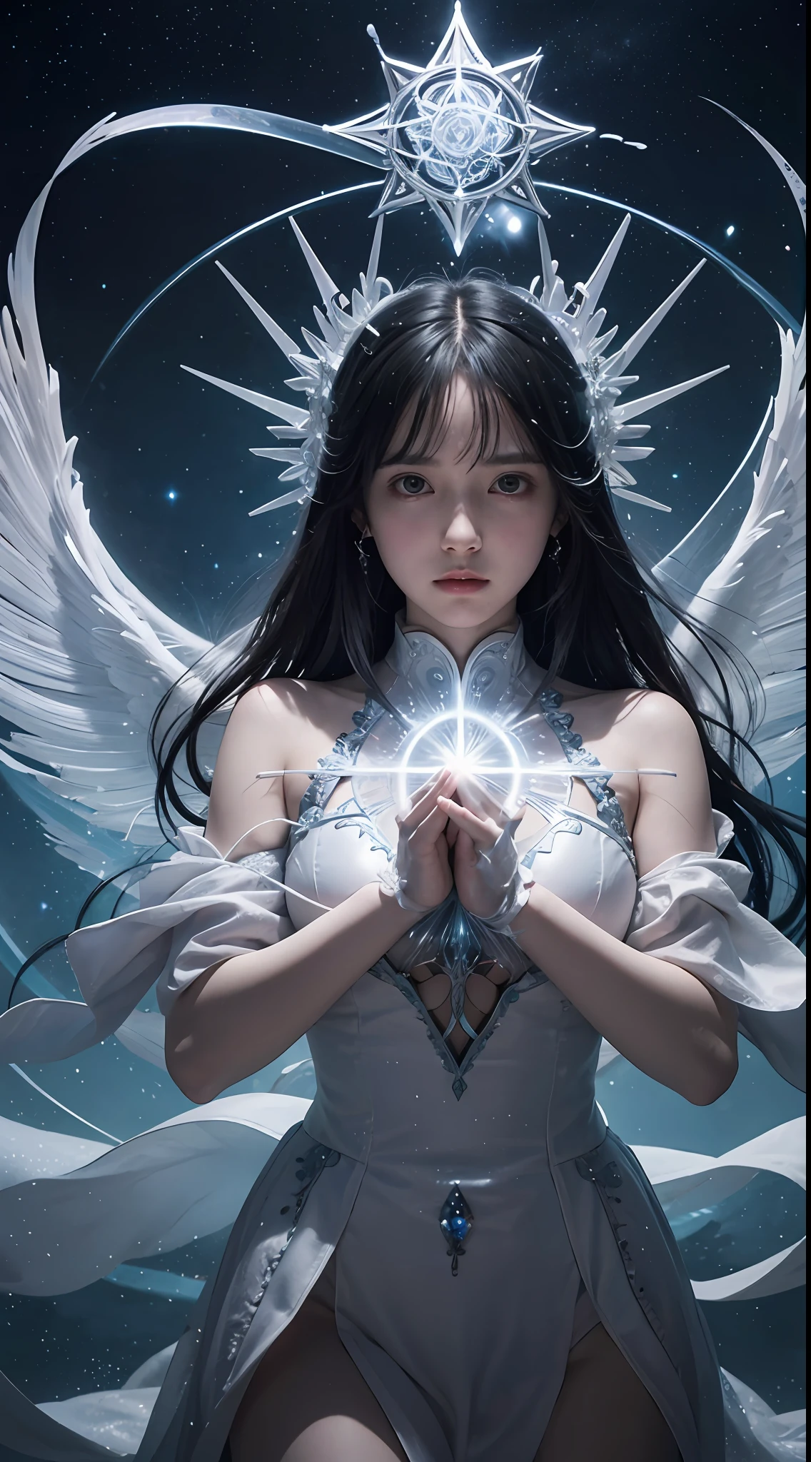 Alone, Puella Magi Madoka activates a magical attack that generates an incredible stream of water, a wizard's costume with mysterious, magical, and intricate contrasting geometric patterns, hands together praying, symmetrical composition, complex repetitive patterns drawn in the sky, floating, whole body, magic extends to the surroundings, well-formed face, beauty, photorealistic