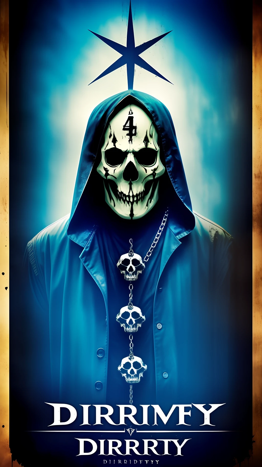 horror slasher movie poster for "DIRTVKY", movie poster, hd, 8k, horror movie poster, blue photography filter, THE CONJURING art style, blue filter, movie poster, skulls, pentagrams, fire, chains