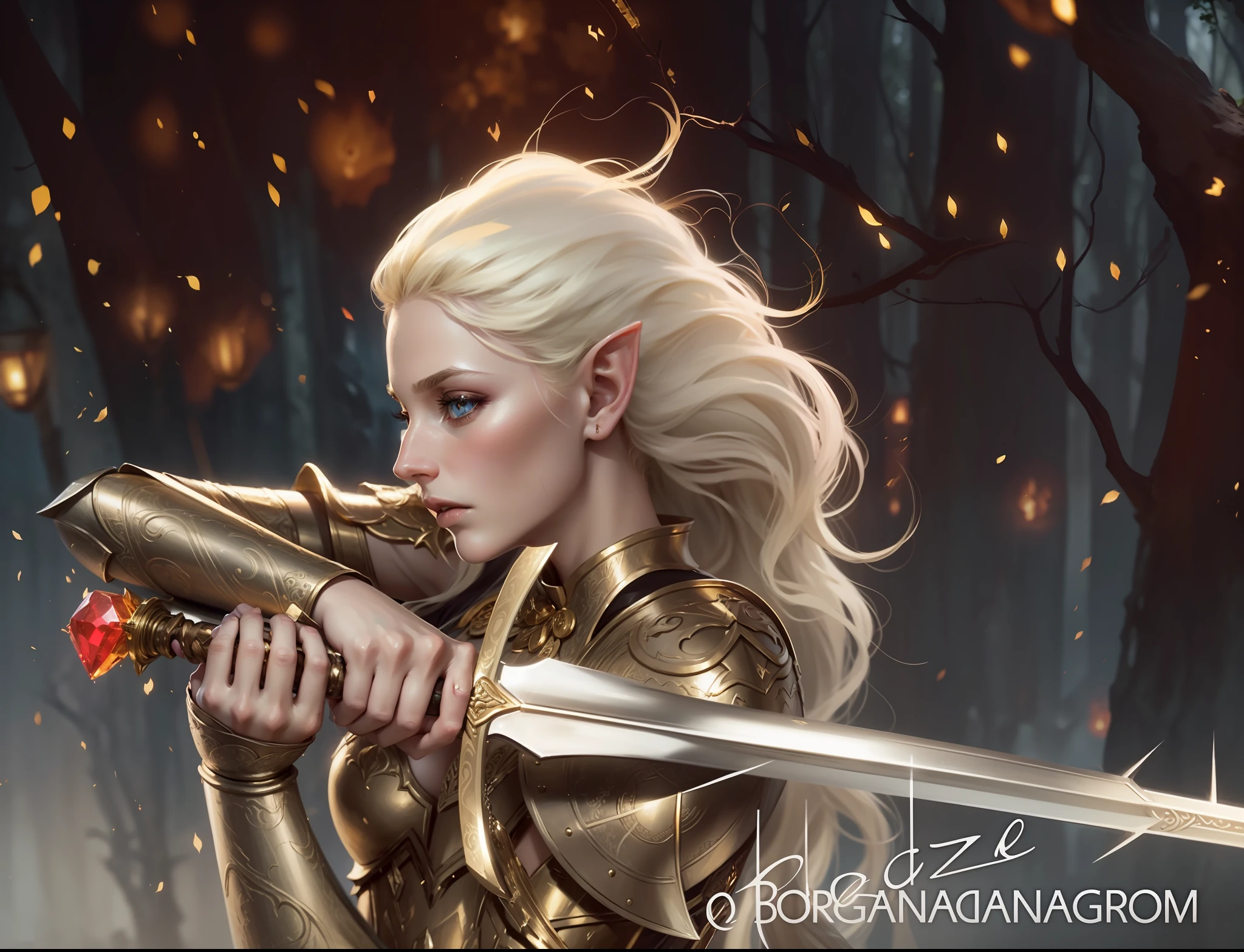 4k, realistic, very detailed, blonde woman, exotic beauty, clear eyes, with pointed elf ears. This one with an intricate golden armor and a sword with a ruby on the handle. Around you there's fire