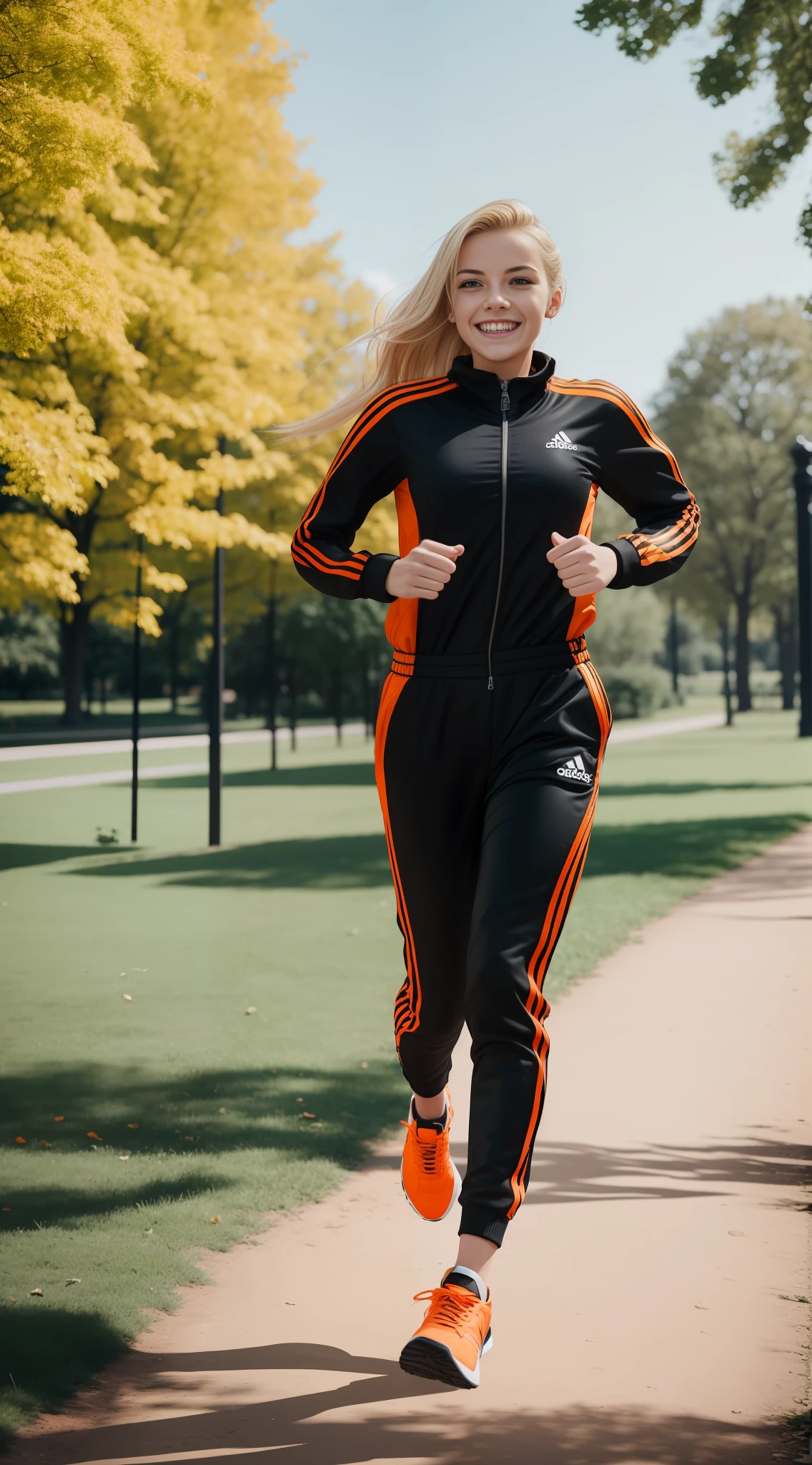 Woman, 18 years old, European, blonde, wearing a black and orange adidas catsuit, jumpsuit, running in a park, sunny day, smiling