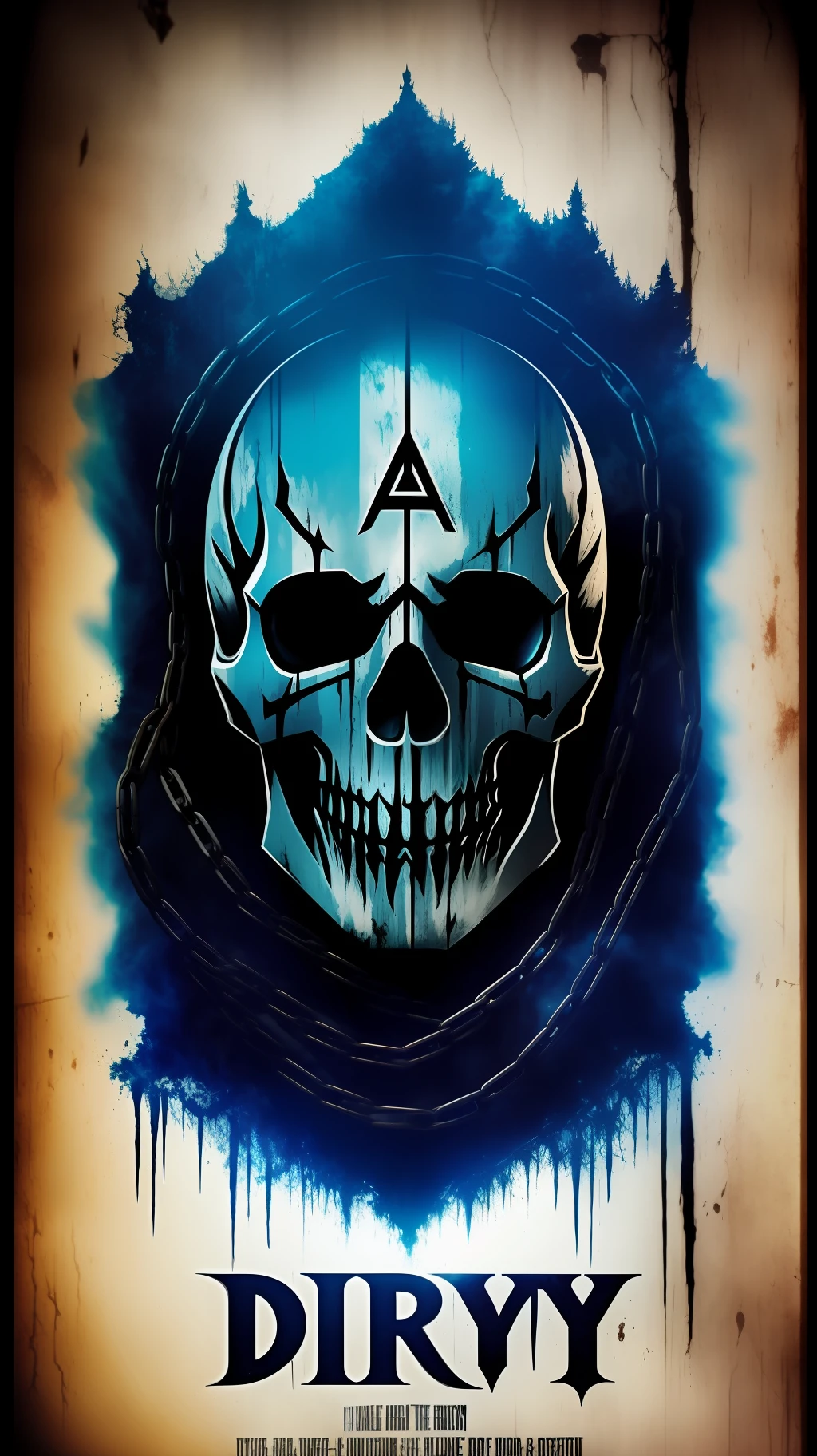 horror slasher movie poster for "DIRTVKY", movie poster, hd, 8k, horror movie poster, blue photography filter, THE CONJURING art style, blue filter, movie poster, skulls, pentagrams, fire, chains