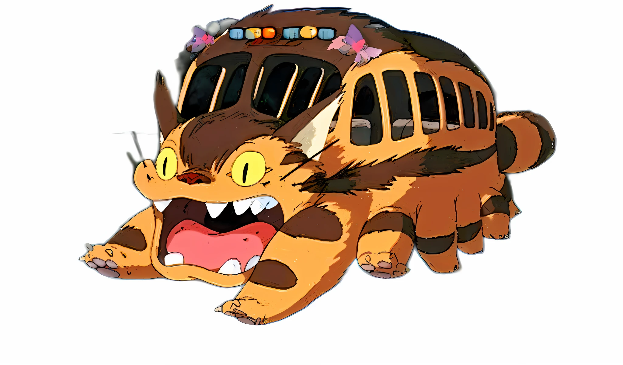 Cartoon cat with bus shaped like bus, Totor, Ghibli style, anime cat, Hidetaka Miyazaki, Studio Ghibli anime style, Ghibli anime style, Ghibli anime style, Studio Ghibli trend, Studio Ghibli style, My neighbor Totoro, Studio Ghibli filter, Gelbooru anime image, Hayao Miyazaki, put the original painting in details, add background to the original painting, run on the hillside at night, moon, full body close-up