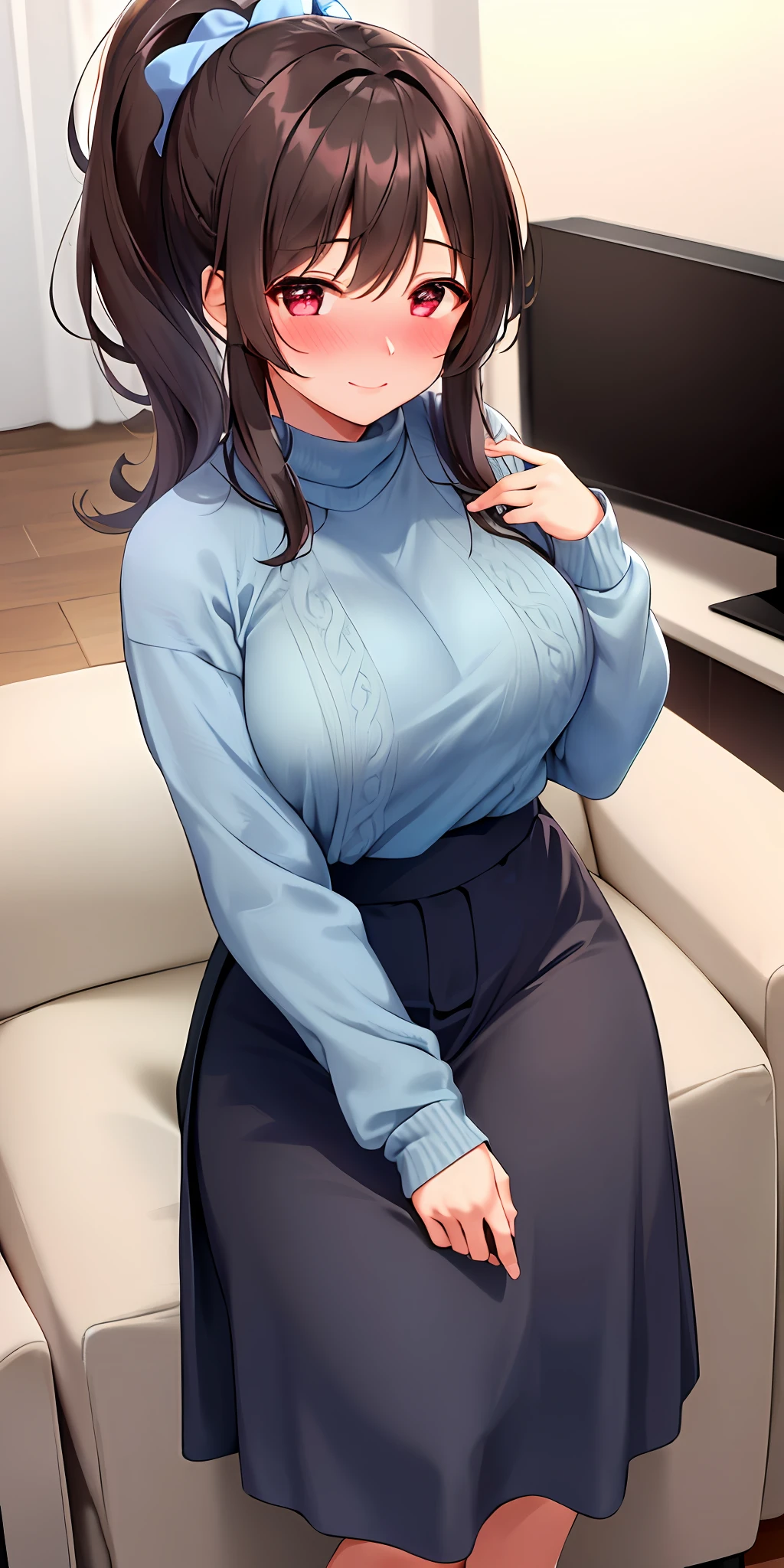 1girl, solo, dark brown ponytail, side hair, large breasts, (baby blue sweater, long skirt), (blushing:1.4), smiling, (breath:1.5), living room