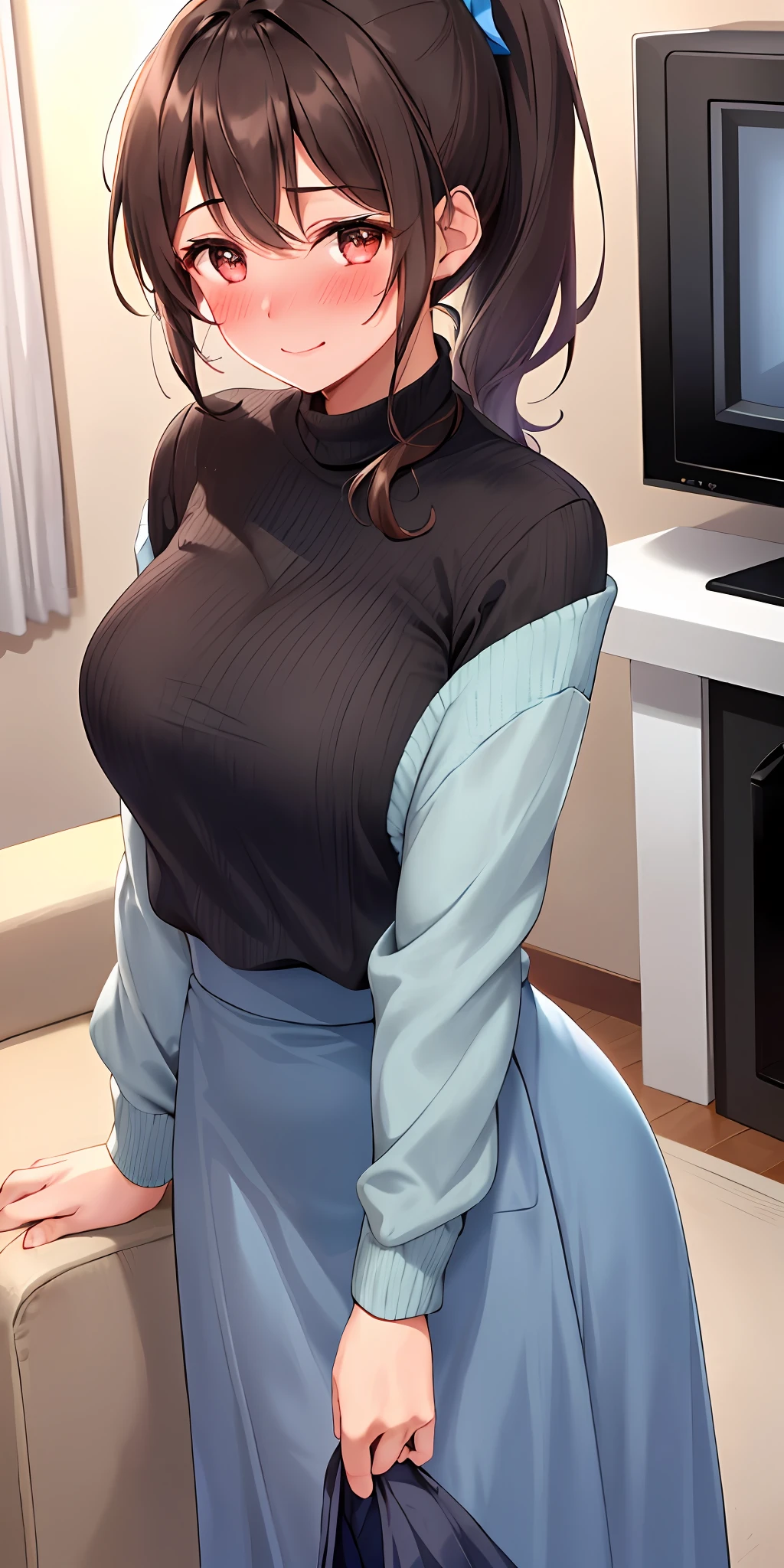 1girl, solo, dark brown ponytail, side hair, large breasts, (baby blue sweater, long skirt), (blushing:1.4), smiling, (breath:1.5), living room