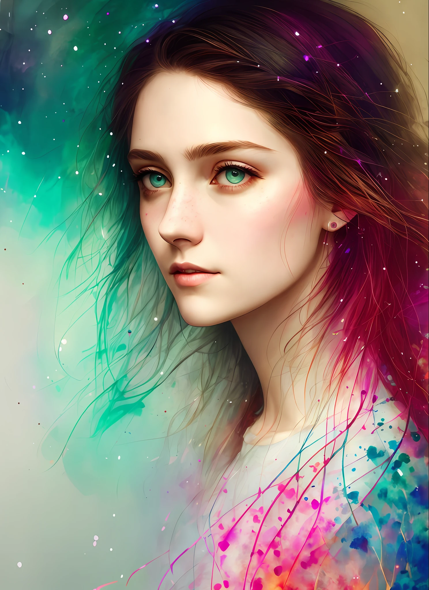 woman with agnes cecile, glowing design, pastel colors, ink drops, autumn lights