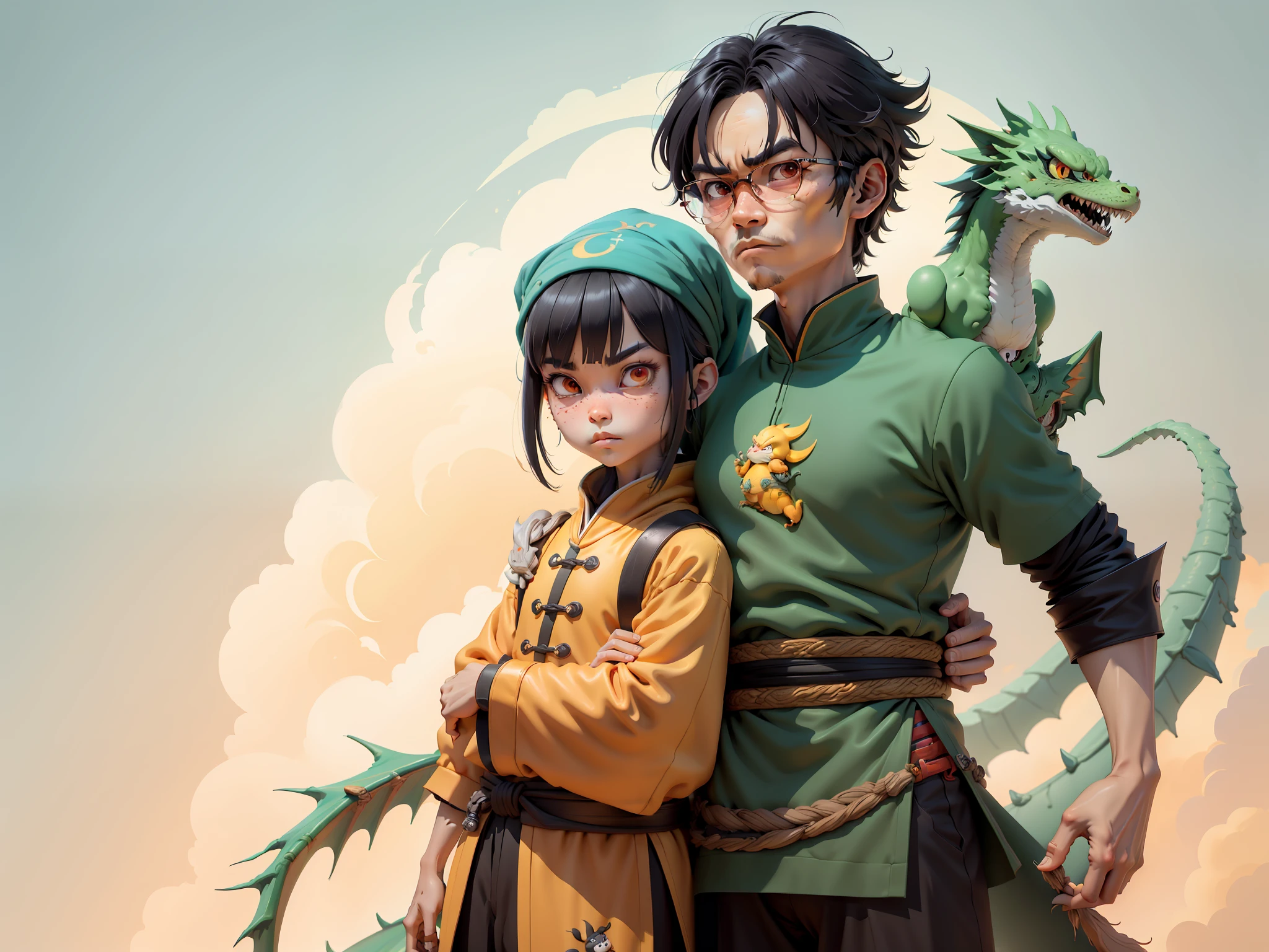 Aalfed man in headscarf and dragon shirt, Pengyin Yin J - Jiang Geping, Zeng Fanqian, Chen Xintong, Huang Huifeng, Liang Xing, Huang Guangjian, Leng Jun, Lin Xiang, Lin Qifeng, Luo Qisheng, Pan Chengwei, Wang Wei, Duan Xiang, Digital Painting, Mark Clairenden and Pixar and Hayao Miyazaki and Akira Toriyama 3D character design, the illustration is a 4K resolution HD illustration with very detailed facial features and cartoon style visuals.