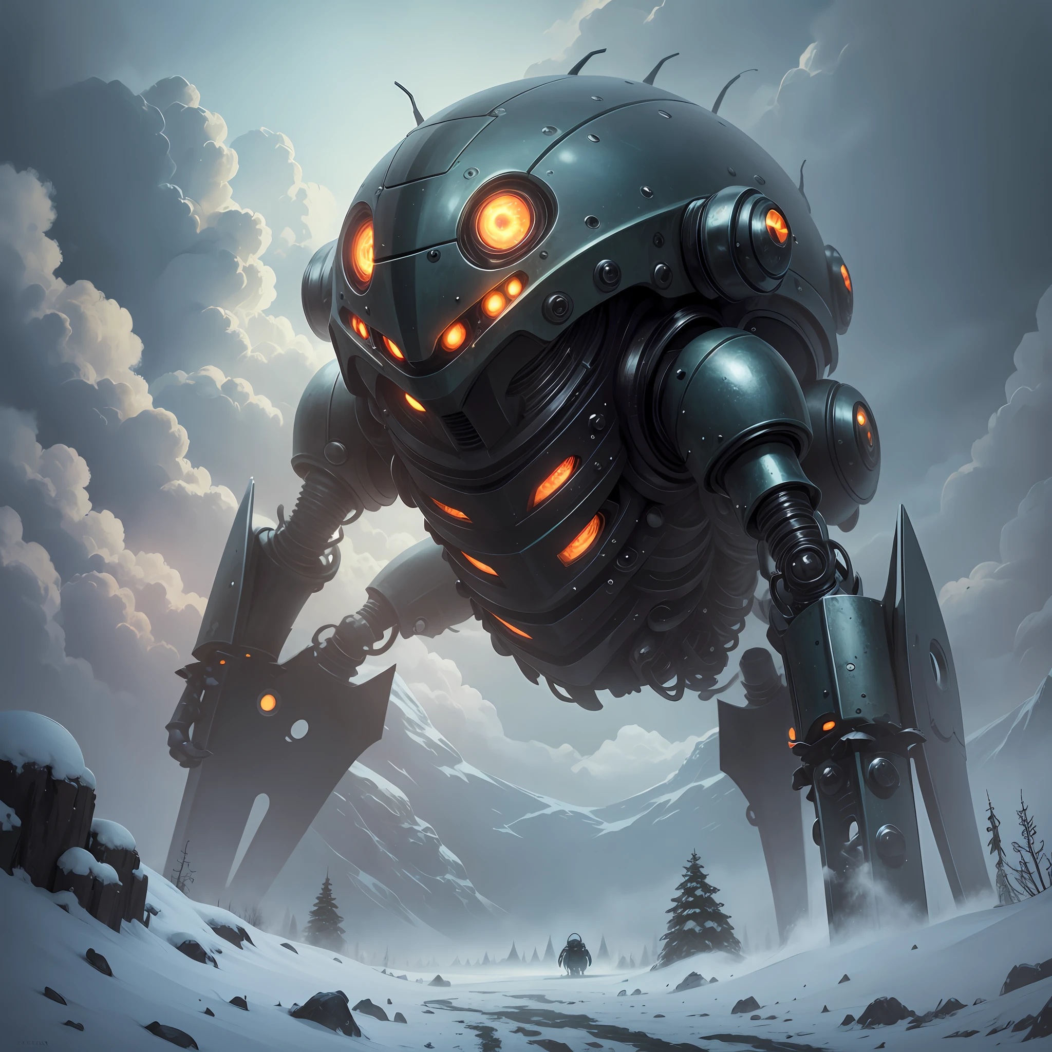 HP lovecraft style, HR ginger style, robotic monster looking like a beetle in a snow covered field --auto --s2