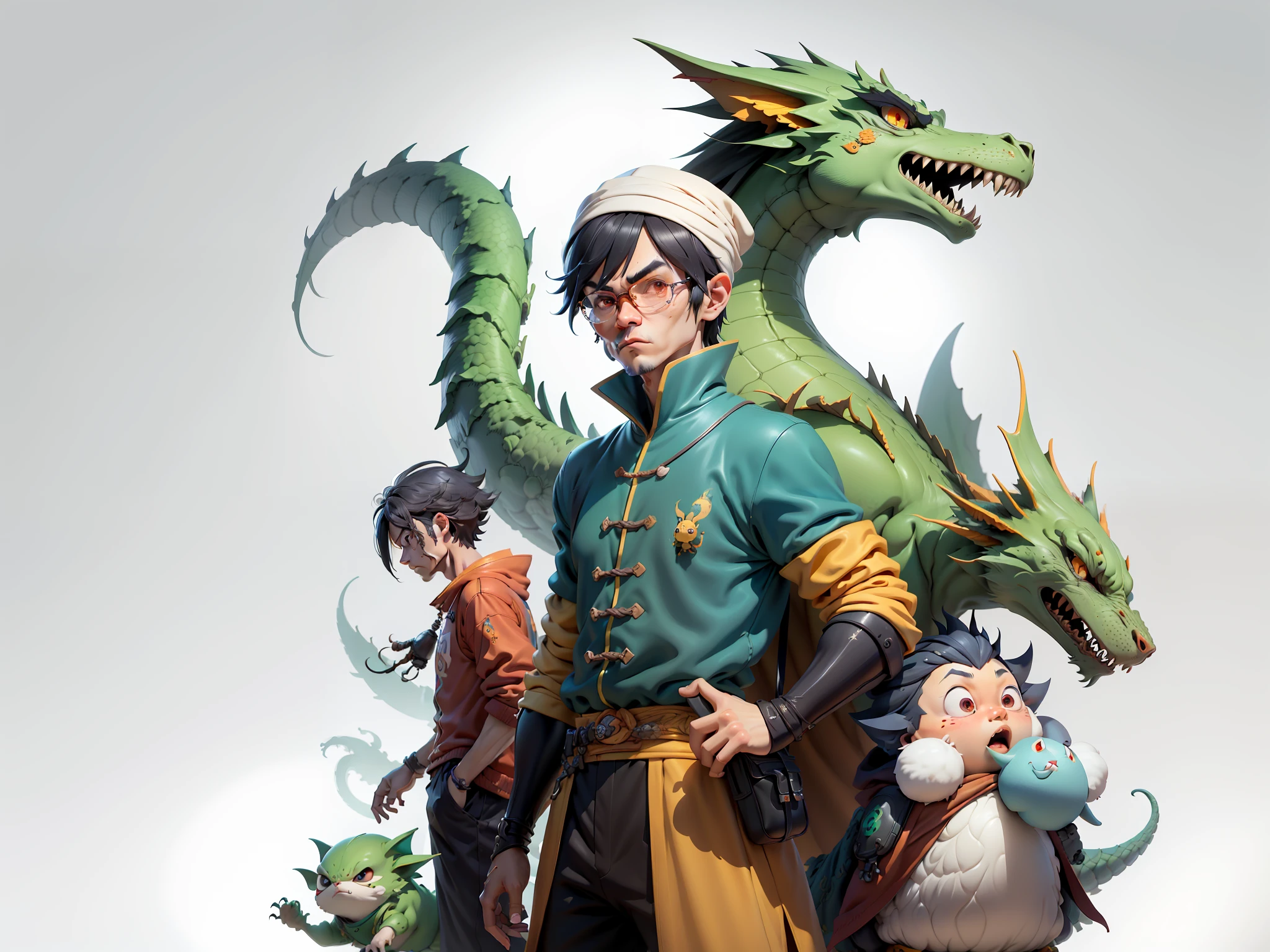 Aalfed man in headscarf and dragon shirt, Pengyin Yin J - Jiang Geping, Zeng Fanqian, Chen Xintong, Huang Huifeng, Liang Xing, Huang Guangjian, Leng Jun, Lin Xiang, Lin Qifeng, Luo Qisheng, Pan Chengwei, Wang Wei, Duan Xiang, Digital Painting, Mark Clairenden and Pixar and Hayao Miyazaki and Akira Toriyama 3D character design, the illustration is a 4K resolution HD illustration with very detailed facial features and cartoon style visuals.