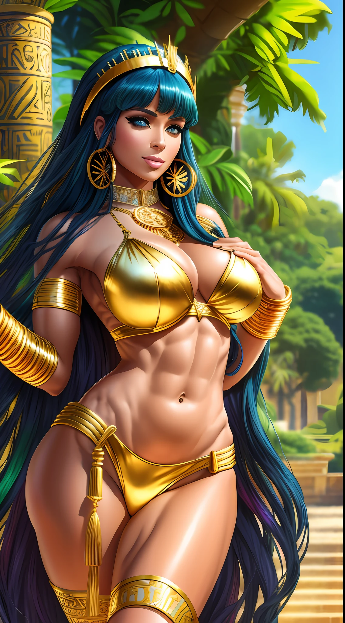 Cleopatre wearing a golden laurel crown, divine body, extremely beautiful, ancient egypt background, in a lush palace garden, jewelry, masterpiece, best quality, CG, wallpaper, HDR, high-definition, intricate details, perfect hands, french manicure, confident expression, (athletic, amazon goddess, toned abs, muscular, fbb, gigantic breasts, puffy, big areola, erect, (lustrous skin, immaculate skin, clean skin), (multicolored hair:1.2), detailed makeup, sexy pose, one leg in front, (outdoors:1.1), hourglass body, wide hips, narrow waist, micro waist, dynamic angle, looking at viewer