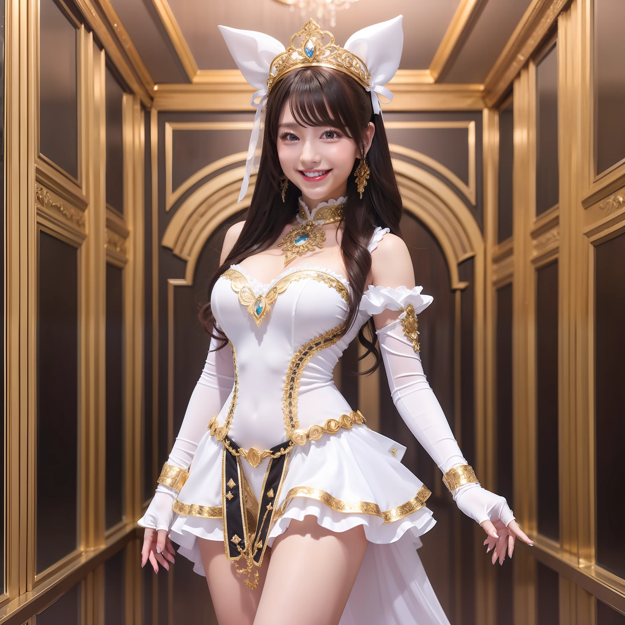 white idol costume, beautiful girl, smile, indoors, full body