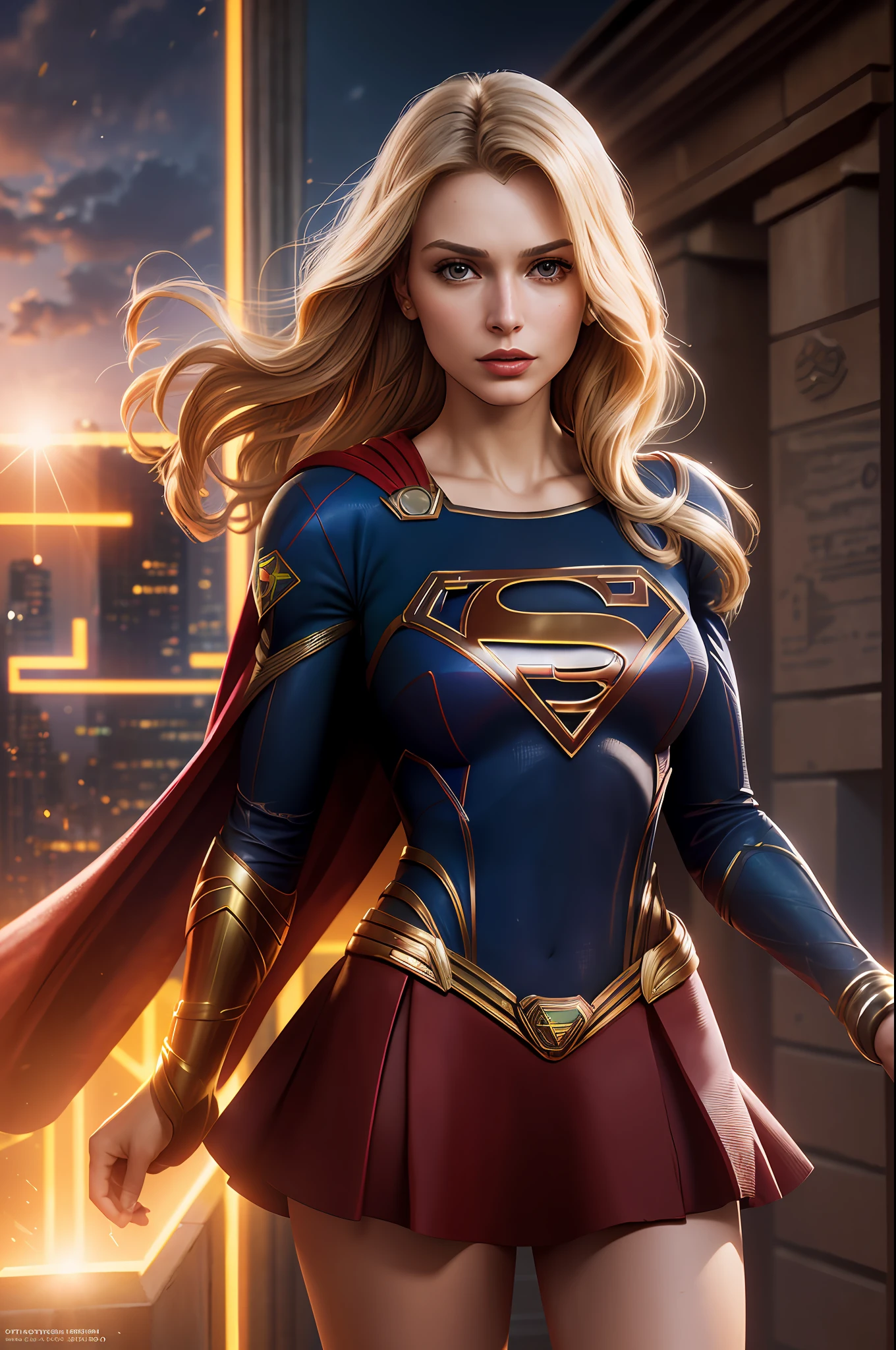 a photo of a beautiful S032_AnaMariaMarkovic, as (supergirl:1.1), in (Metropolis:1.2), (8k, RAW photo, best quality, ultra high res, photorealistic, masterpiece, ultra-detailed, Unreal Engine)