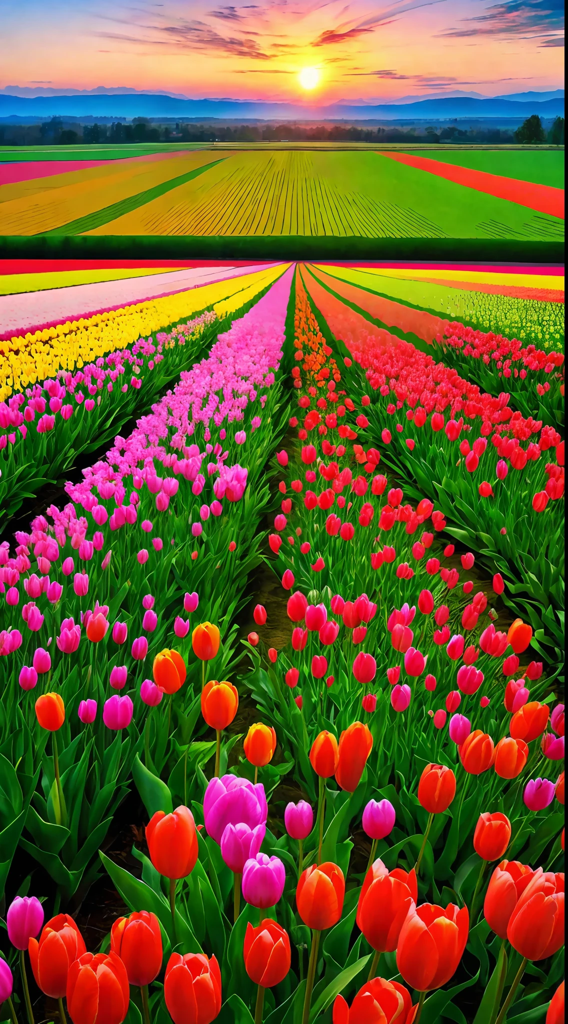 Spring,tulip field,sunset,beautiful sky,
distant viewwide angle