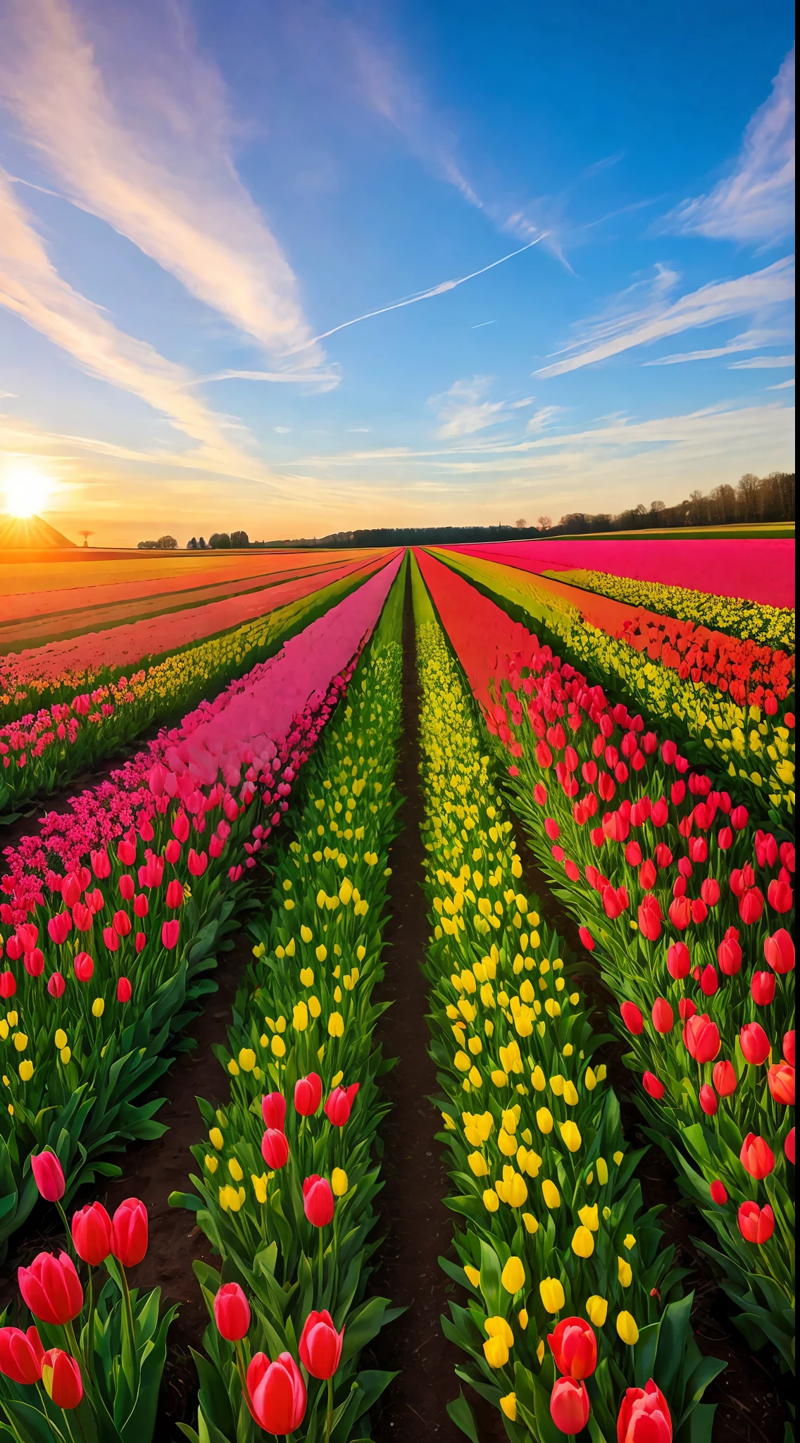 Spring,tulip field,sunset,beautiful sky,
distant viewwide angle