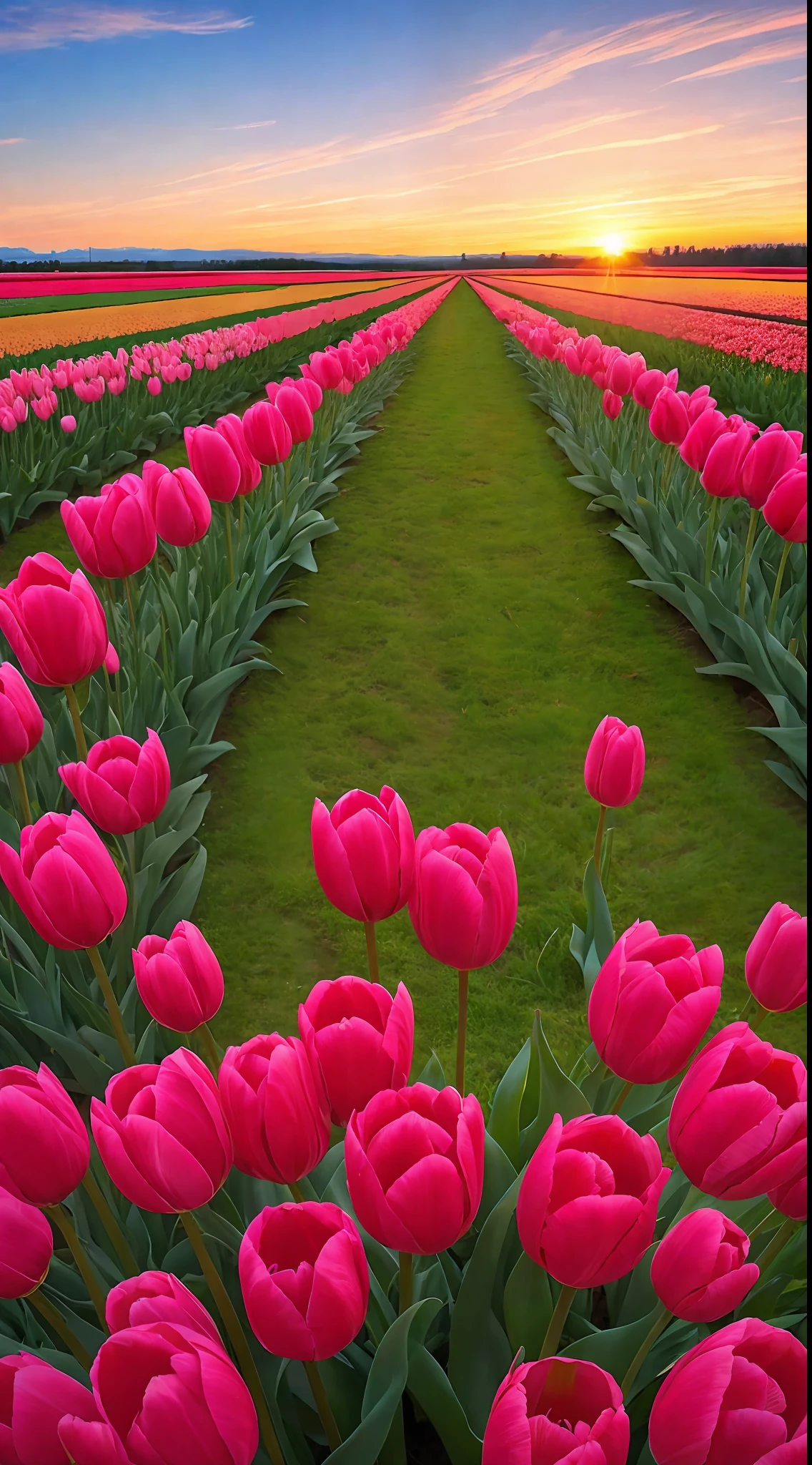 Spring,tulip field,sunset,beautiful sky,
distant viewwide angle
