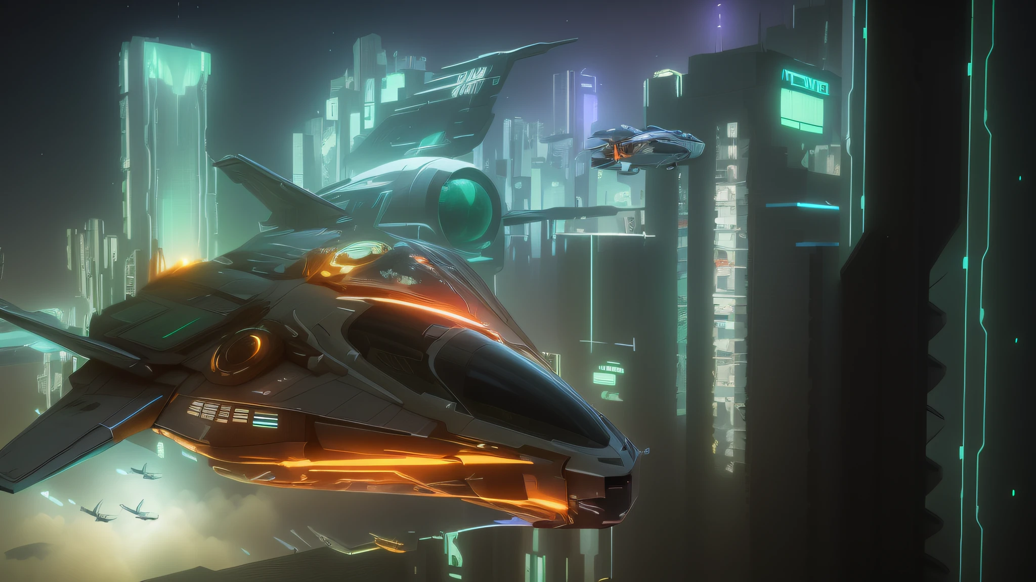 Spaceships fly over cities at night, cyberpunk concept-inspired jets