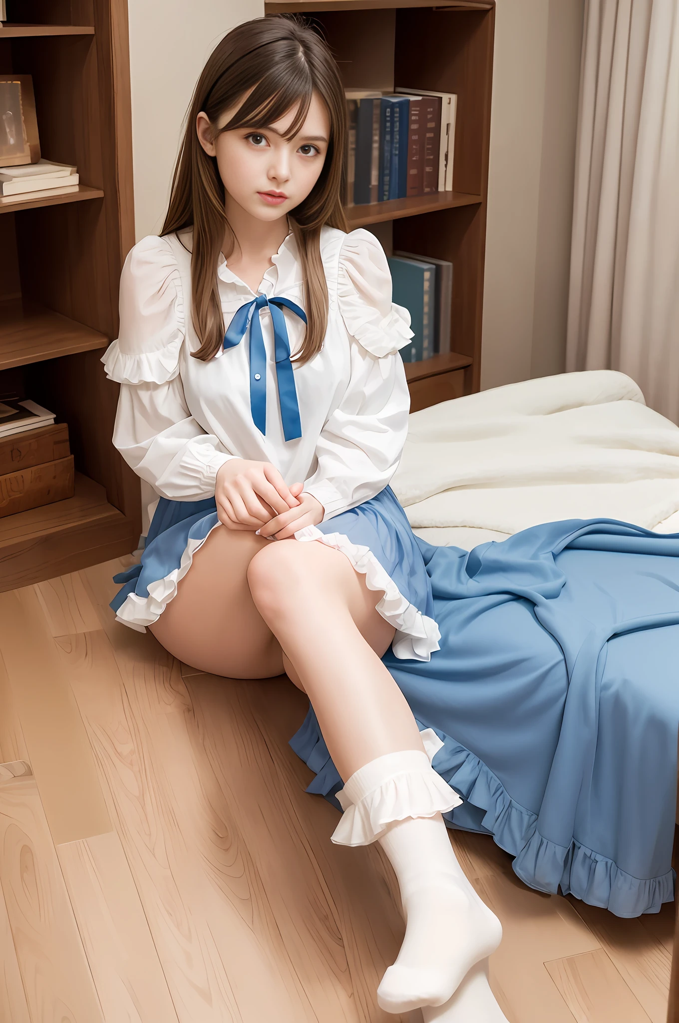 Photorealistic, pale light, 22 year old beautiful woman, white ruffled blouse, blue ruffled skirt, brown hair with ribbon, ruffled ankle socks, sitting with straight legs on the bed, soles of socks, library background
