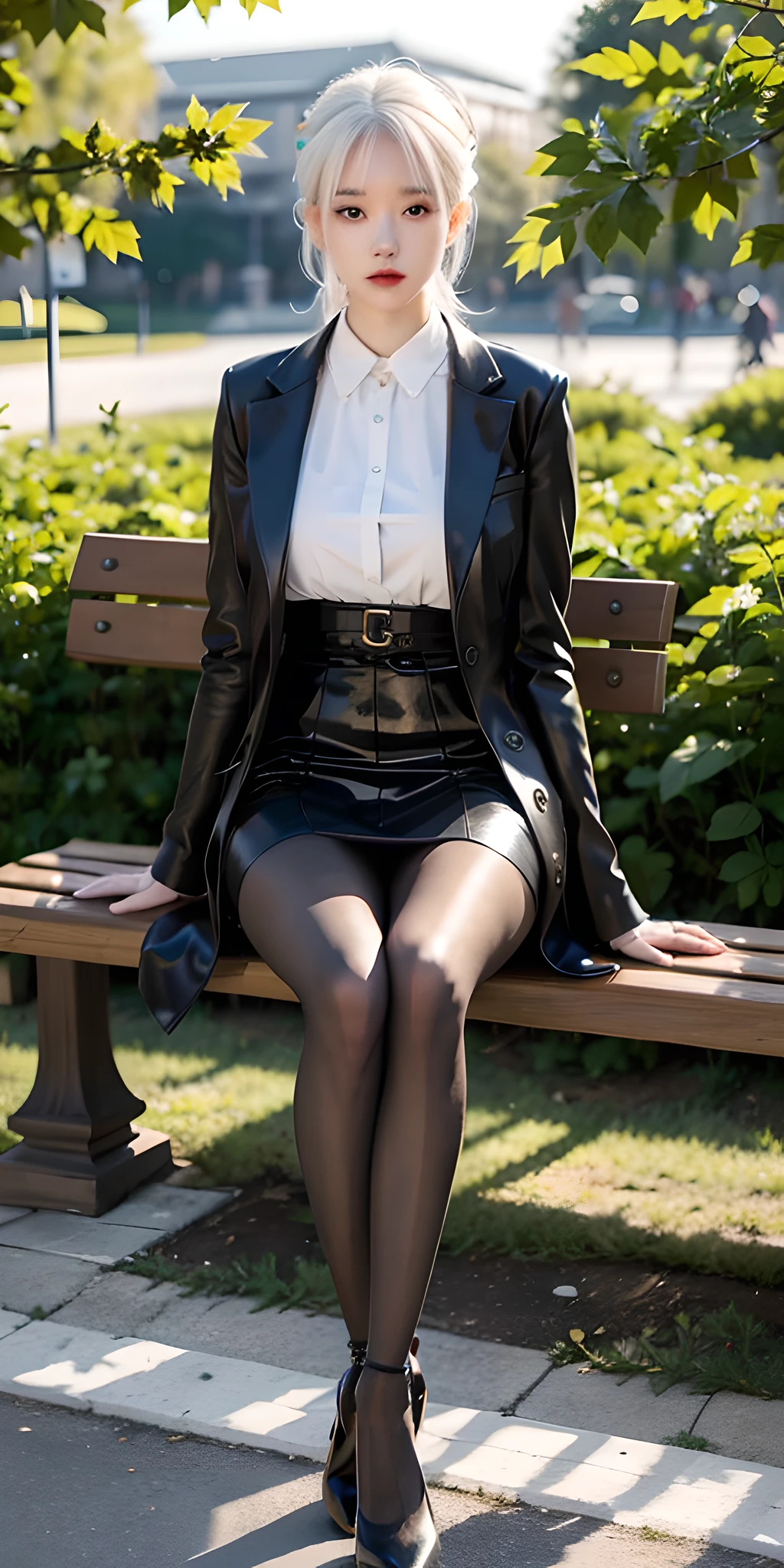 Full body photo, 1girl, white hair, a teenage girl, wearing a short skirt, black coat, black pantyhose, black stockings, high heels, long legs, slender legs, maple leaf, maple wood, evening, sitting on a bench, park, night, anatomically correct, textured skin, masterpiece, ccurate, high quality, high detail, super detail, best quality, high resolution, 16k, UHD, 1girl, mix4, elevation, slim figure
