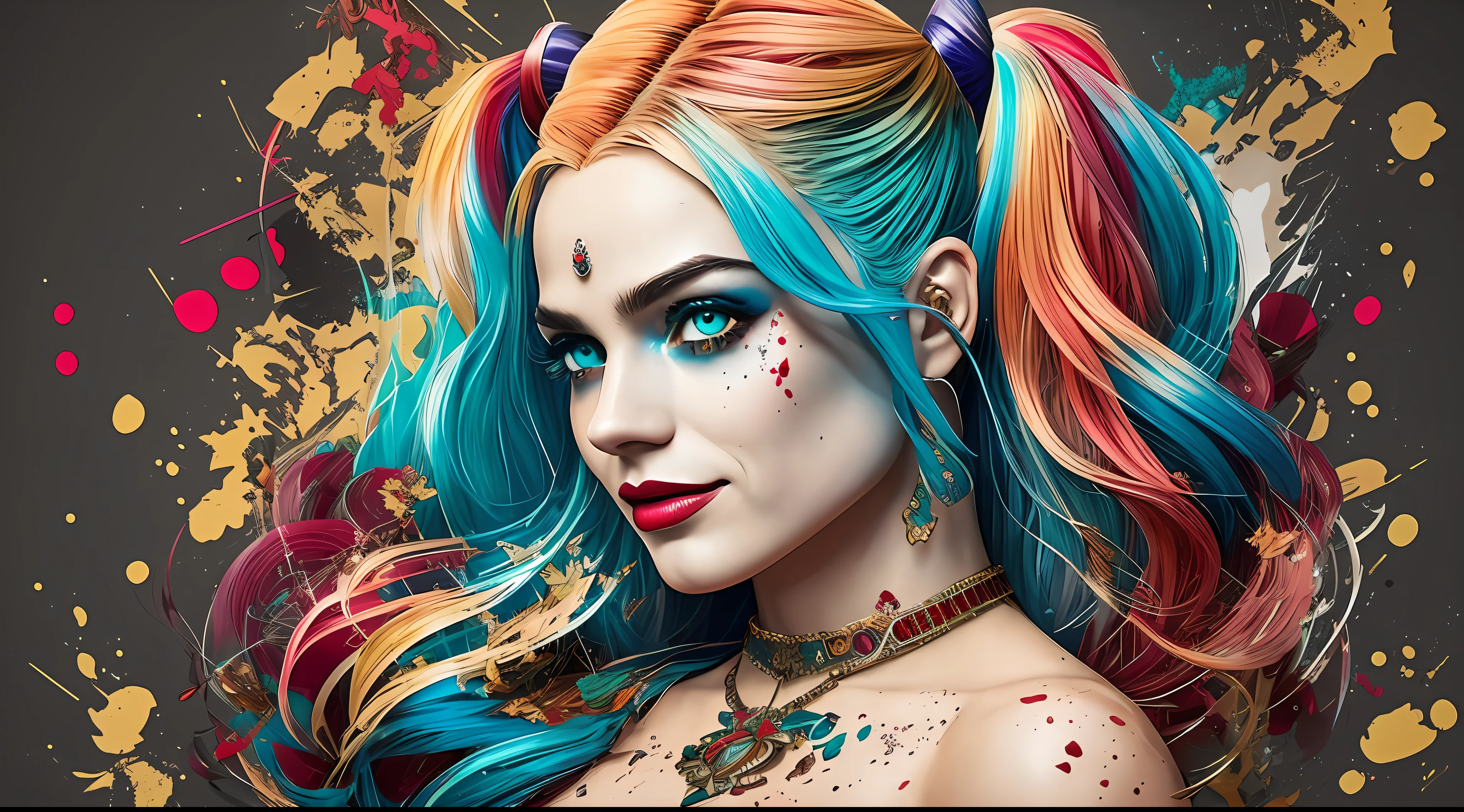 Create a medium shot, colored digital line art portrait of harley quinn character in the style of artists like Russ Mills, Sakimichan, Wlop, Loish, Artgerm, Darek Zabrocki, and Jean-Baptiste Monge. Include colorful splatter drippings, paper texture, and perfect shading, with dramatic lighting. The artwork should be centered, stylized, and elaborate, with a beautiful dress, gorgeous eyes, and a dynamic pose. TanvirTamim. rendered in 8K resolution for high-quality detail,anatomia perfeita, mãos com 4 dedos e 1 polegar, renderizado em resolução 8K para detalhes de alta qualidade, qualidade de imagem 8K, imagem em alta resolução 8K, hiper detalhado, super realista, detalhes intricados