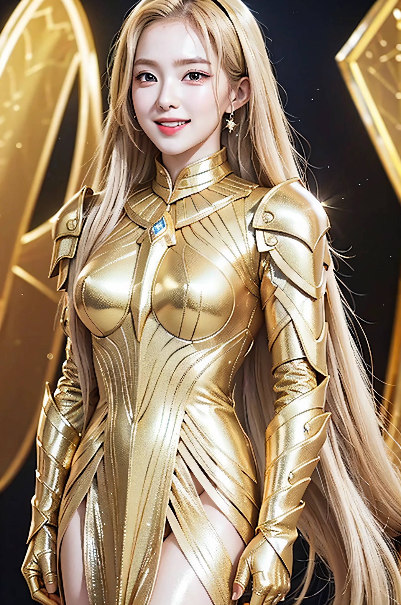 Golden diamond armor, long blonde hair, golden pupils, golden light background, golden transparent wings, diamond texture, smiling, golden eyes, flashing notes around, maiden, golden starlight, dazzling
