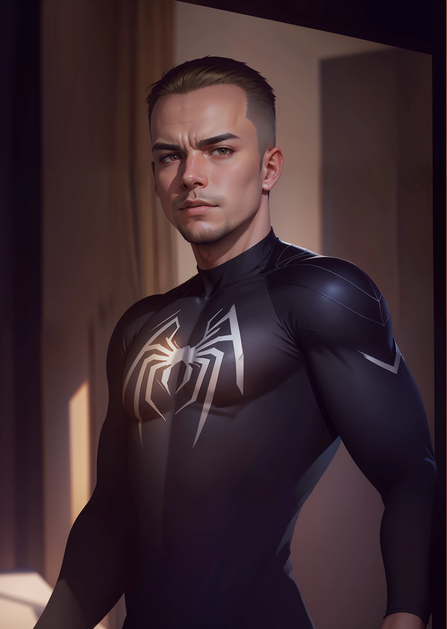 (guilhermedp as spider-man), ((portrait of spider-man)), (spider-man), black color clothing, white spider, web teztura on clothing, glove on hands, head proportional to body, strong body, concert anonalia on the forearm, photorealistic style, realistic, cinematic, standing, sharp focus, film lighting, best quality, masterpiece, dz/zhengshi, photorealistic style, hair color im little blonde, short hair military style,  strong physico.