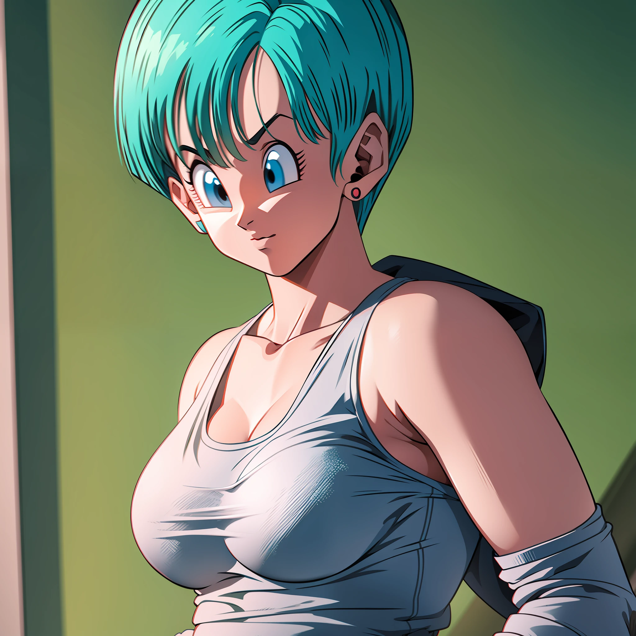 Bulma holding a super realistic and well-detailed rada with traces of the anime dragon ball Z