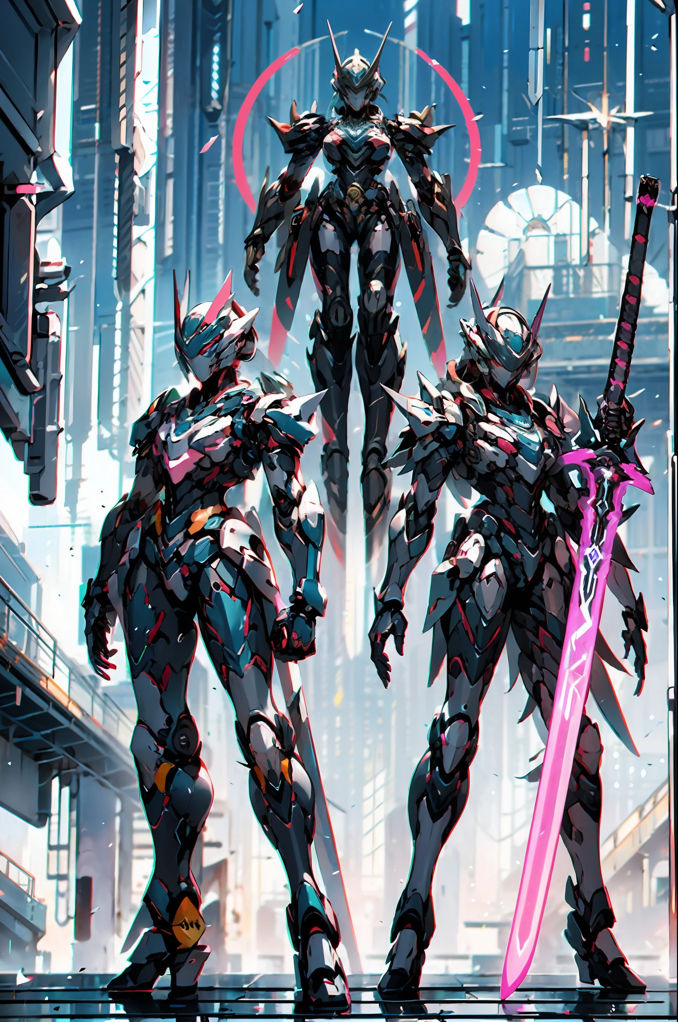 mecha_musume, 1 girl, long_hair, science_fiction, weapon, lightsaber, holding_sword, blue_eyes, solo, headdress, holding_weapon, mecha, bust, pink and white livery, angel halo, sad gaze, upper body, mermaid line,