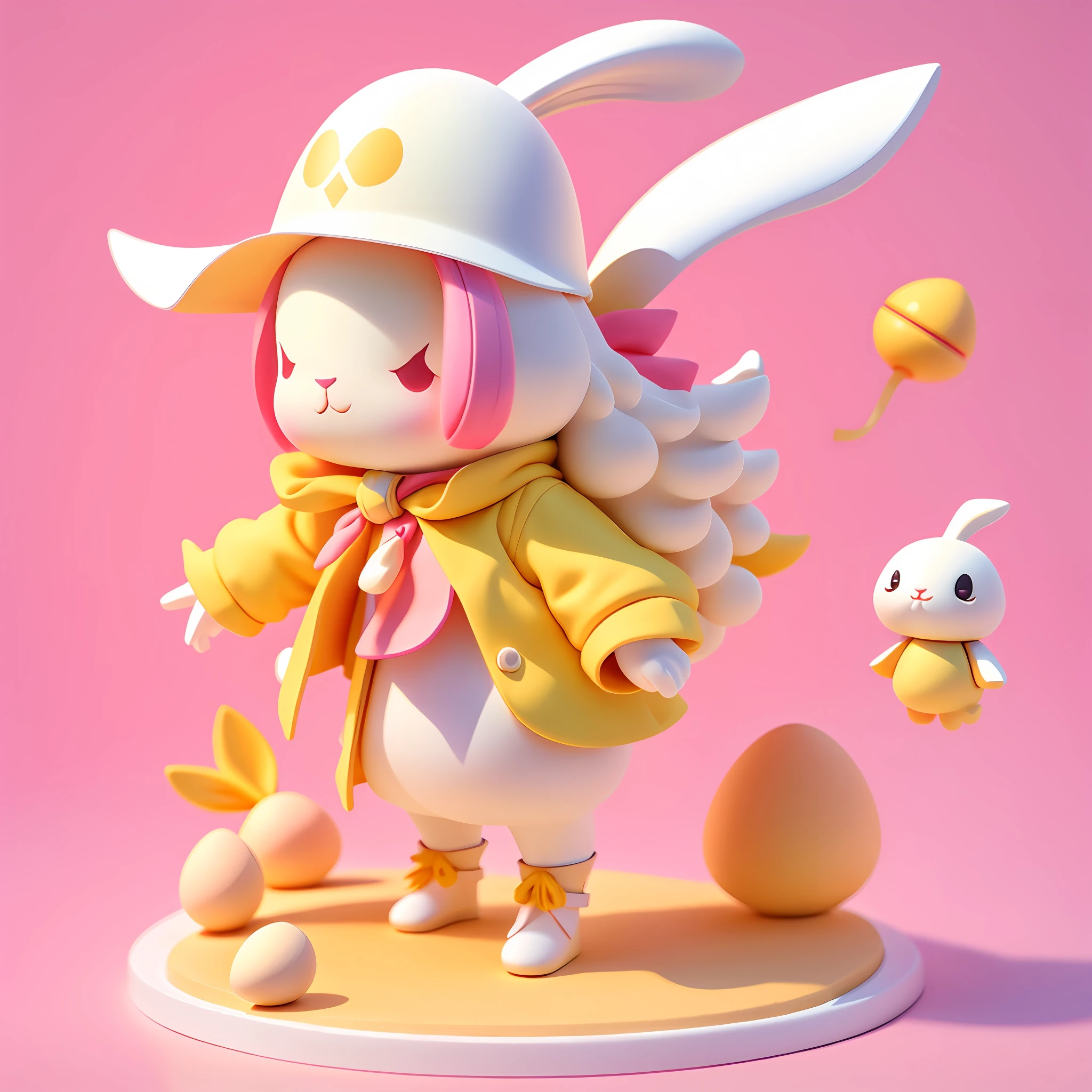 Blind box figure style, Q version white rabbit, wearing yellow eggshell, facing forward, hands through the eggshell placed on chest, pink background