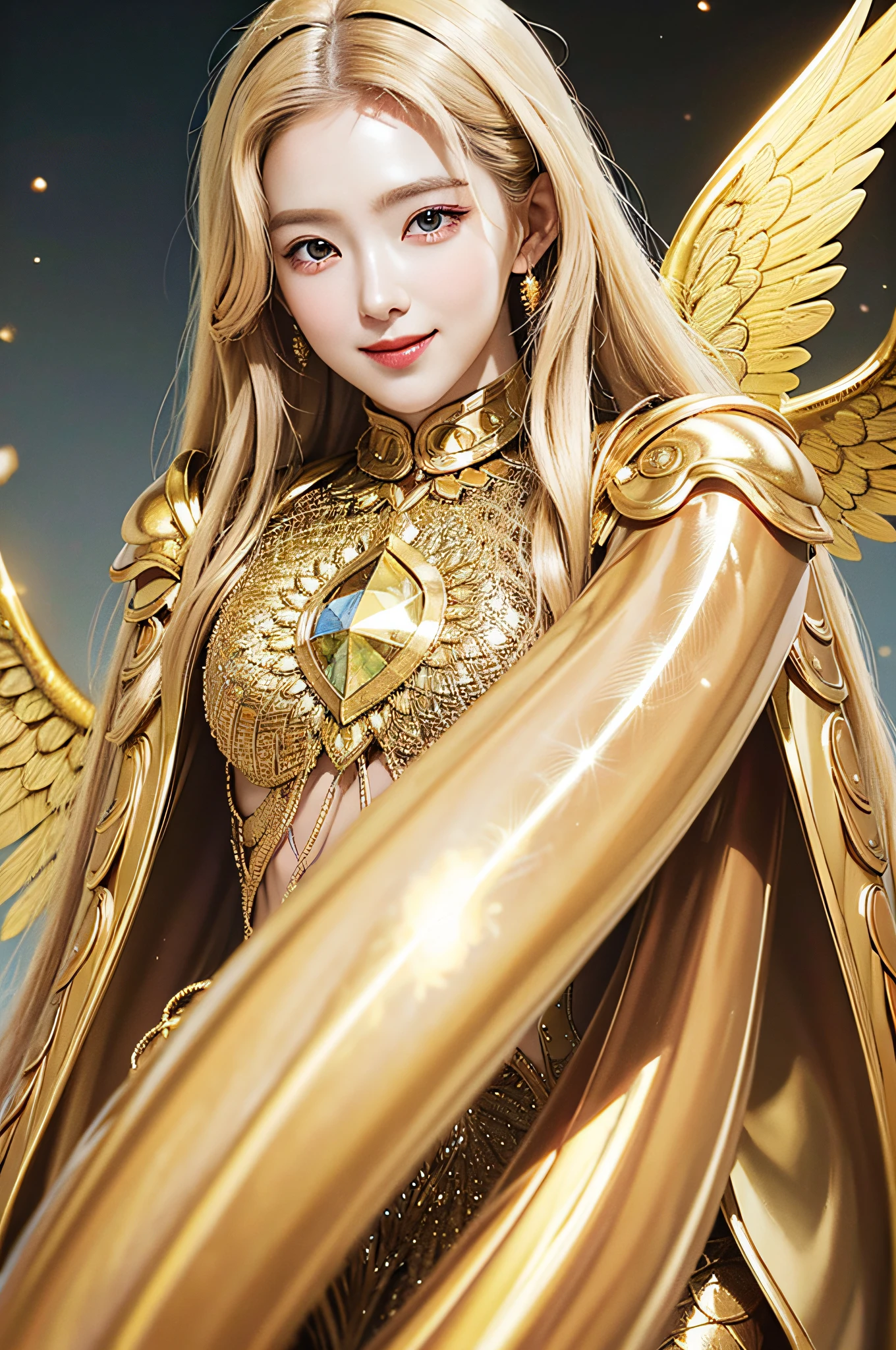 Golden diamond armor, long blonde hair, golden pupils, golden light background, golden transparent wings, diamond texture, smiling, golden eyes, flashing notes around, maiden, golden starlight, dazzling